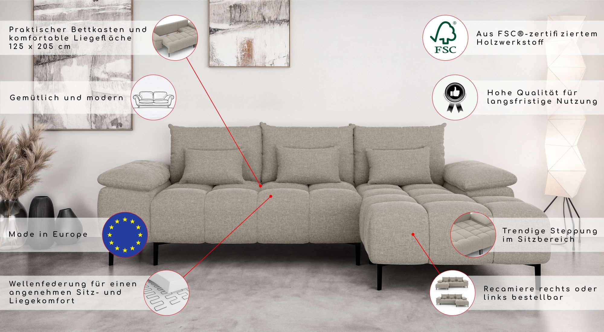 INOSIGN Ecksofa »DROMARA Schlafsofa mit Bettkasten, Masse: B/T/H 277/141/91 cm«, L-Form mit Recamiere rechts/links bestellbar, Wellenunterfederung
