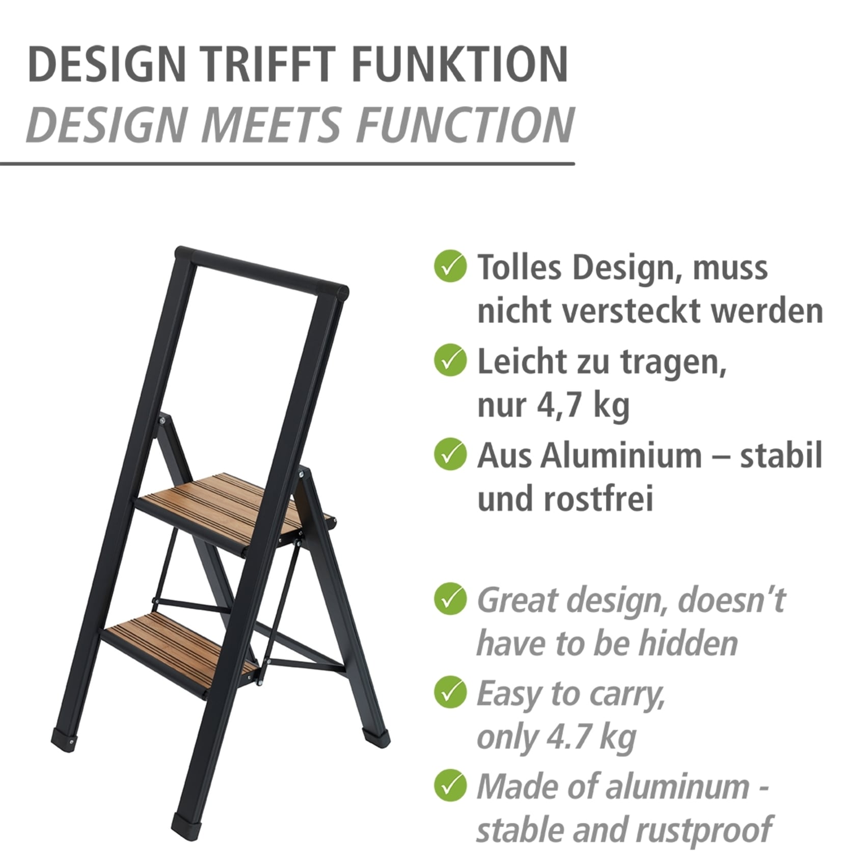 WENKO Trittleiter »Modell Alu-Design«, rutschsichere XXL-Stufen, robustes Aluminium in Kombination mit Bambus