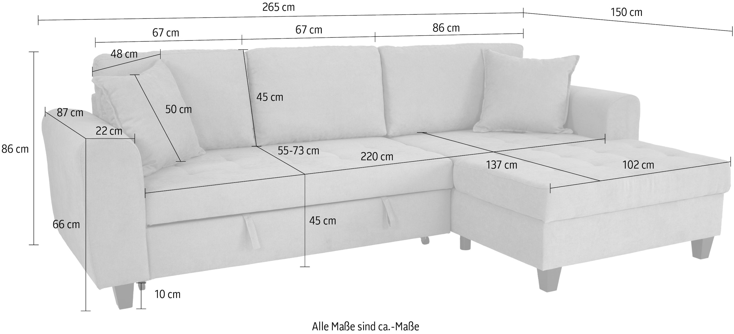 Trends by HG Canapé d'angle »Moritz L-Form, B: 265 cm« mit Bettfunktion, Bettkasten & Zierkissen