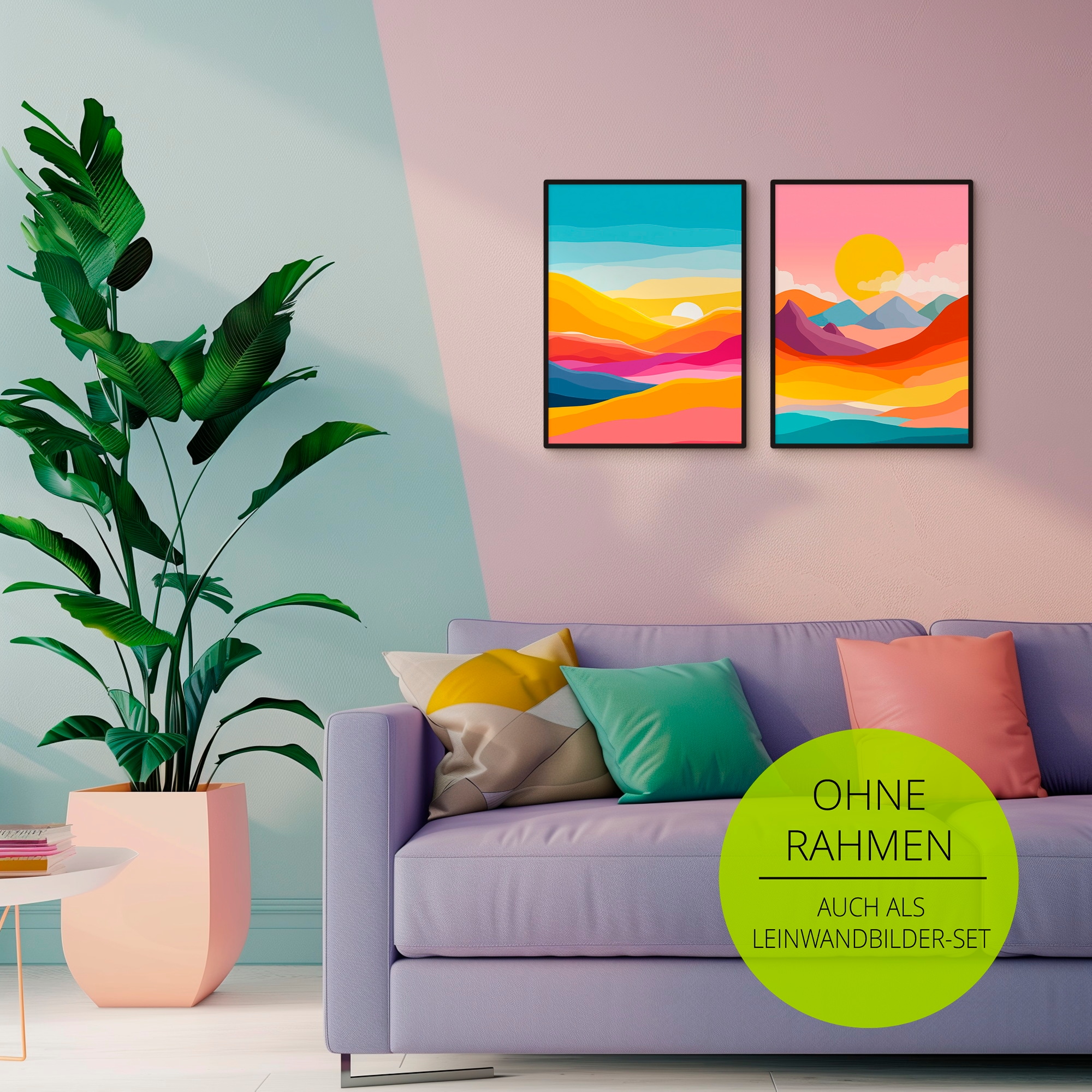 GOODproduct Wandbild »Retro Landschaft I und II« Bilder vom Sonnenuntergang & -aufgang 2 Stk. tlg. als Poster oder Leinwandbilder Set