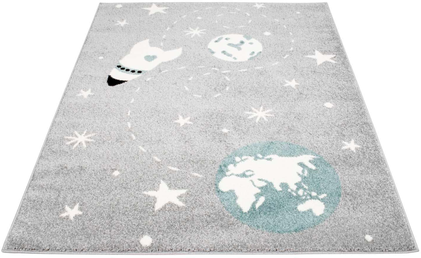 Image of Carpet City Kinderteppich "Bubble Kids 1319" rechteckig 11 mm Höhe Spielteppich, Weltall, Rakete, Weicher Flor, Pflegeleicht