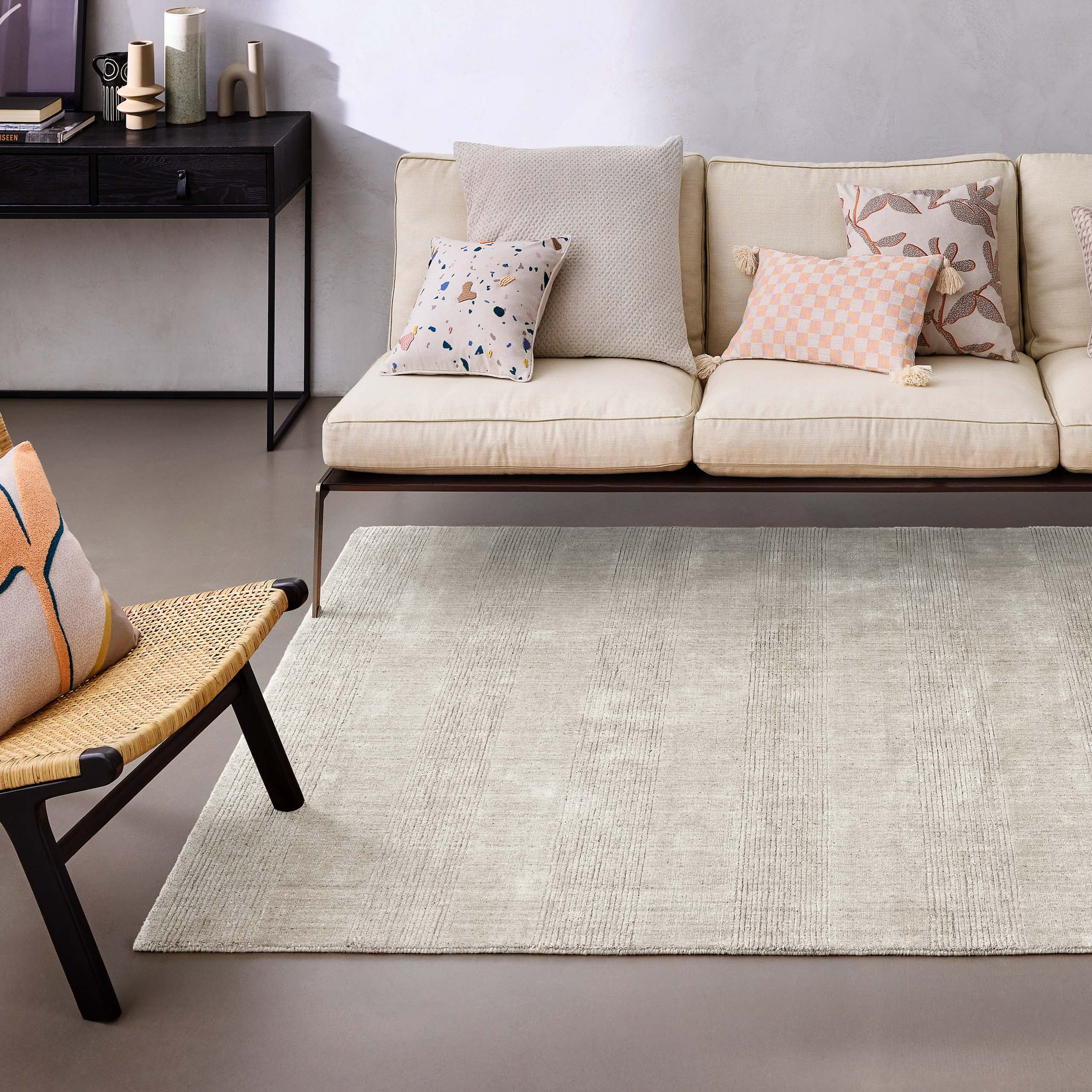 Wecon home Tapis »Seattle« Rectangulaire 11 mm Höhe Kurzflorteppich, handgewebt, TENCEL & Schurwolle, Streifen, Wohnzimmer