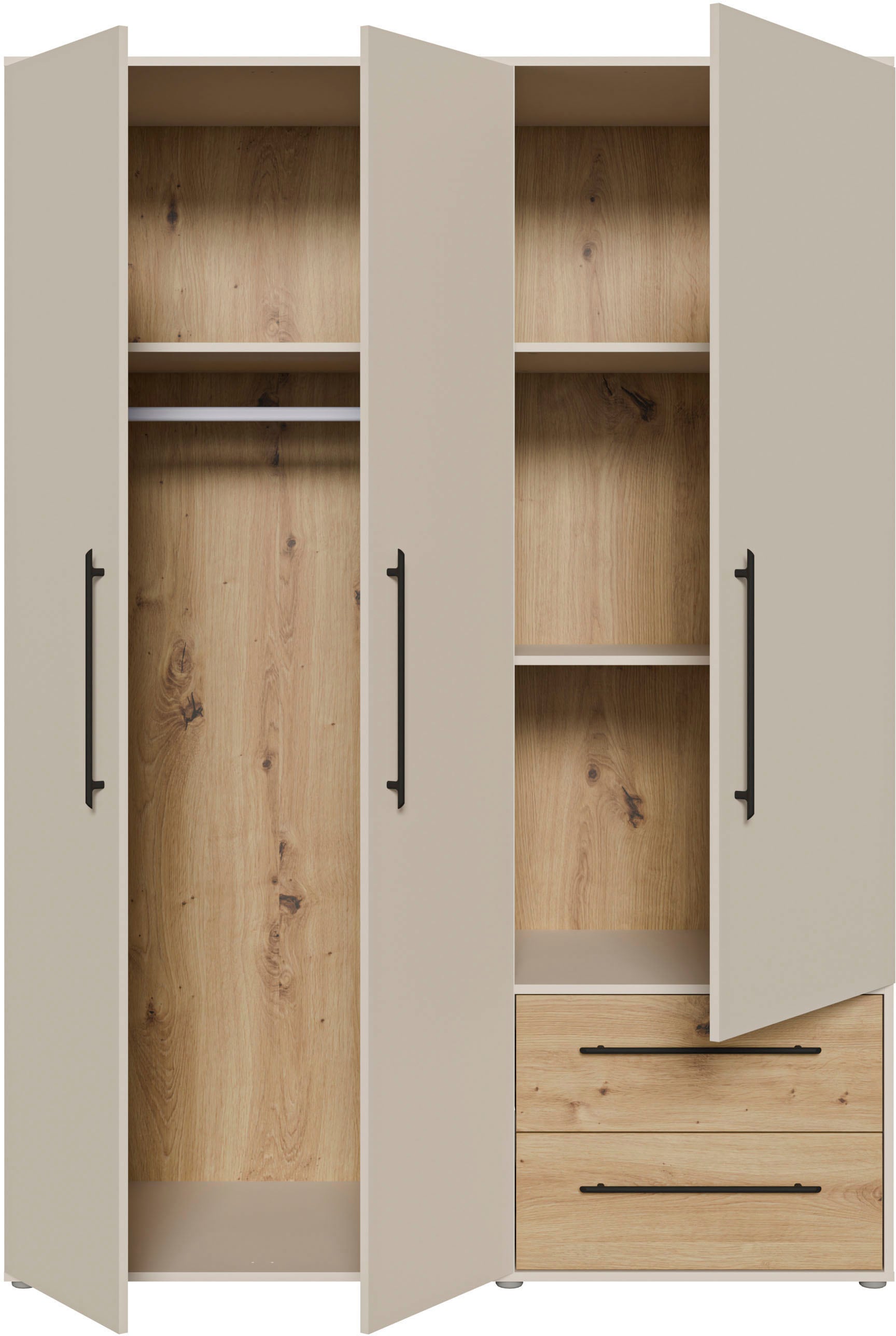 FORTE Kleiderschrank »Mokkaris , Garderobe, zeitloses Design, 3 Türen, Made in Europe« B/H/T ca. 144x200x59cm,  Zwei Schubladen, schwarze Stangengriffe, Stauraum, auch in Schwarz