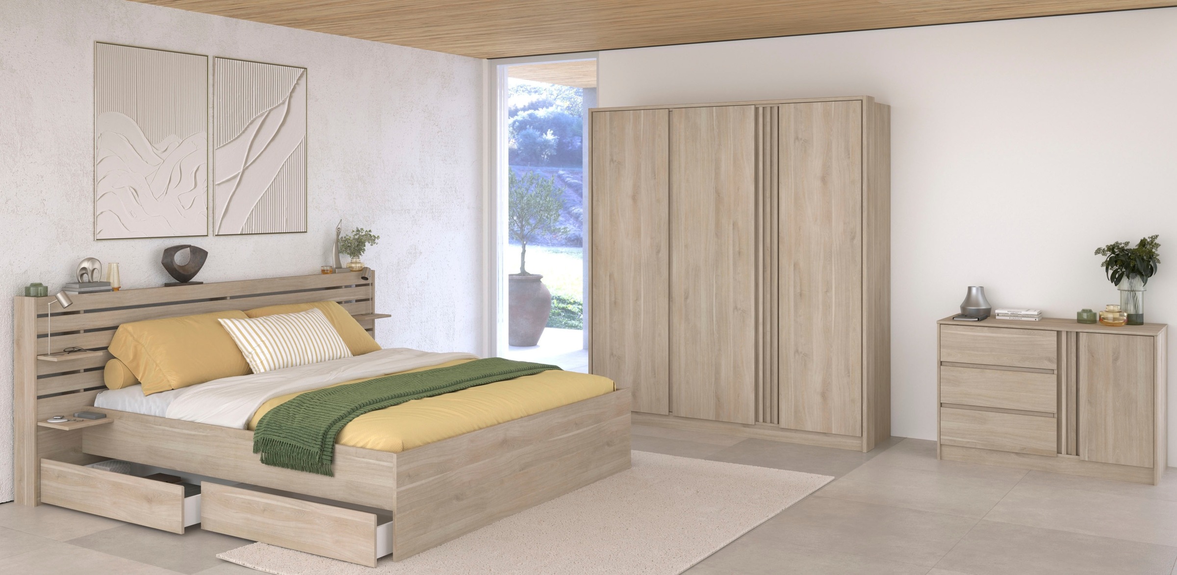 Parisot Schlafzimmer-Set, (4 tlg.), viel Stauraum, schöne Optik, Einsätze an Schrank und Kommode drehbar