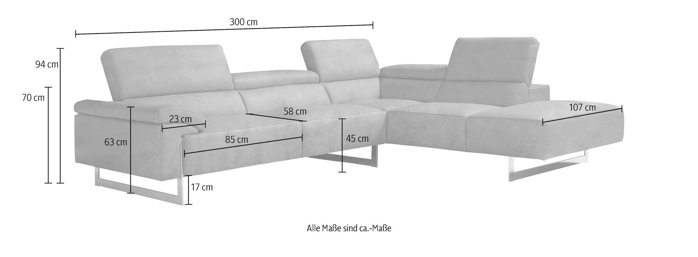 Egoitaliano Ecksofa »Malika«, mit Ottomane, inkl. Kopfteilverstellung und chromfarbenen Metallfüssen