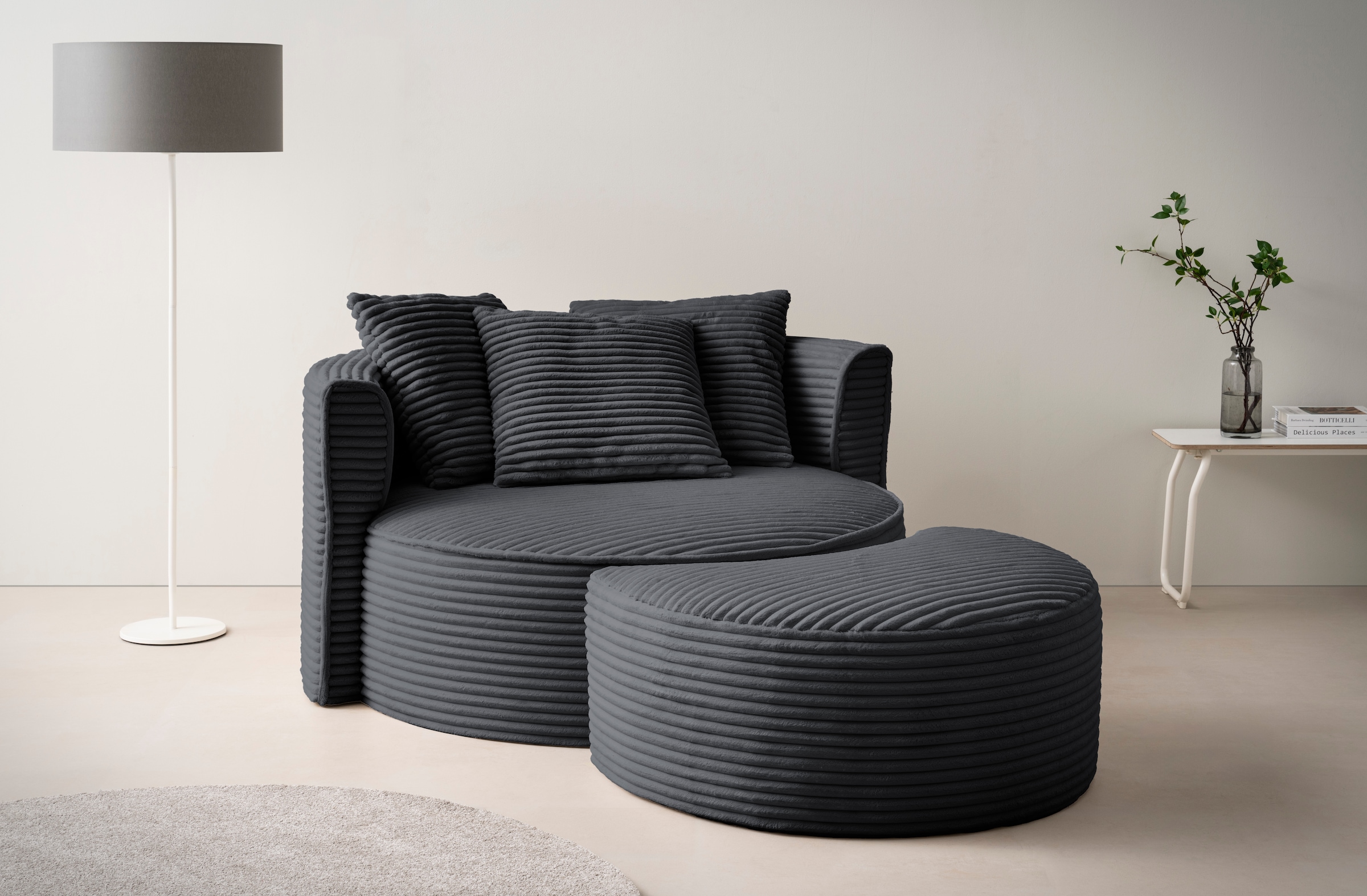 LeGer Home by Lena Gercke XXL-Sessel »Isalie, Rundsessel mit Hocker, Lesesessel, Loveseat, Big-Sessel«, (Set), trendige Stoffe, mit 3 Zierkissen, grosse Sitzfläche