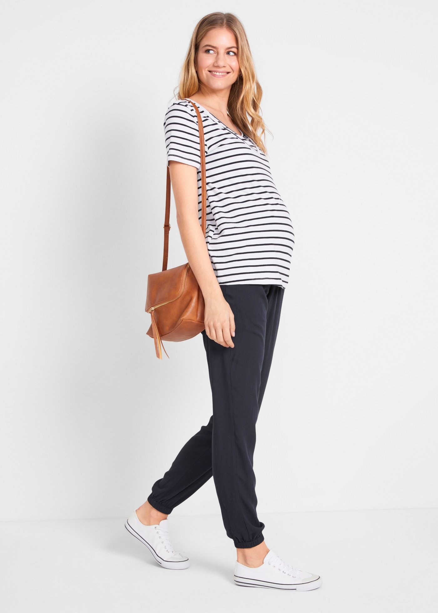 bonprix Pantalon de grossesse  en crêpe de viscose, taille élastique avec lien, coupe ample