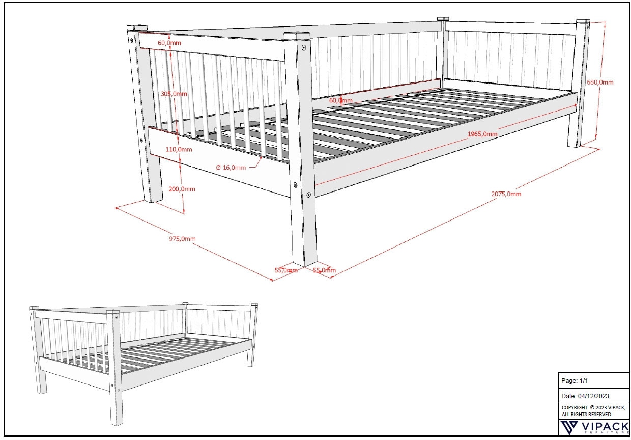 Vipack Einzelbett Made in Europe,  mit LF 90x200 cm, wahlweise mit o. ohne Bettschublade, Buche weiss