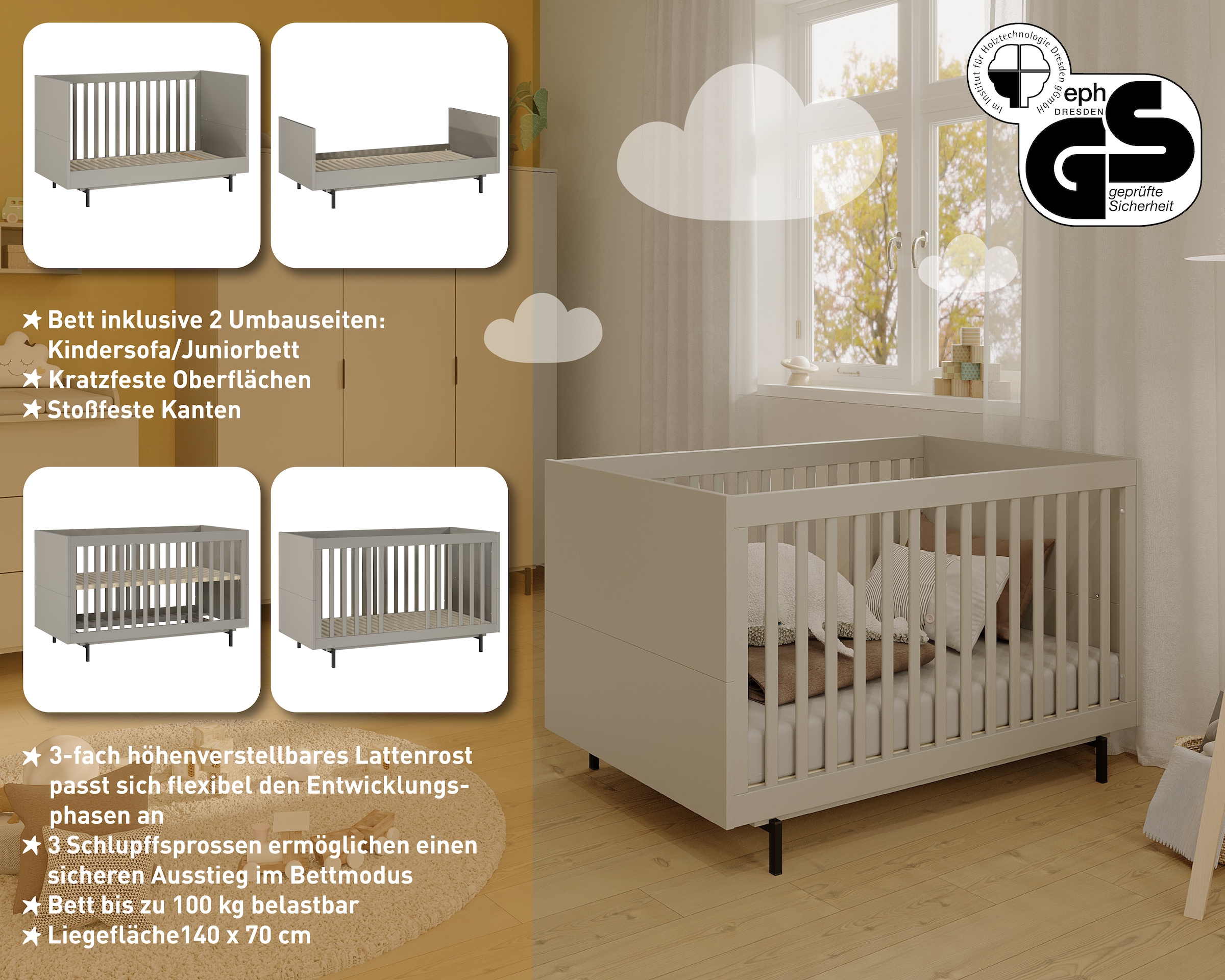 GERMANIA Lit bébé »Tomino« 1 cuis tlg. inkl. Umbauseiten, B/H/T 144/87/75 cm, belastbar bis 100 kg