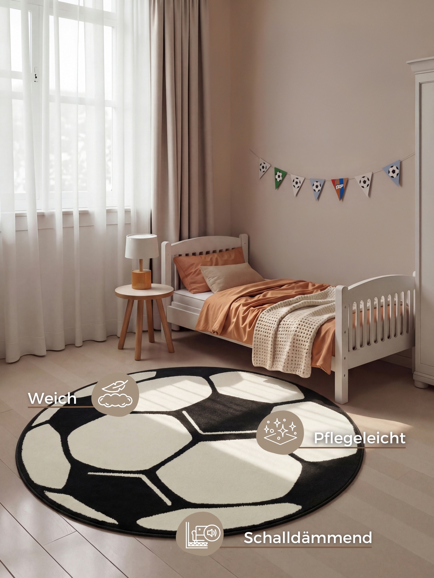 HANSE Home Tapis pour enfants »Fussball« Rond 10 mm Höhe Kinder-Teppich, Rutschfest, Kurzflor, Fussball, Kinderzimmer, Spiel