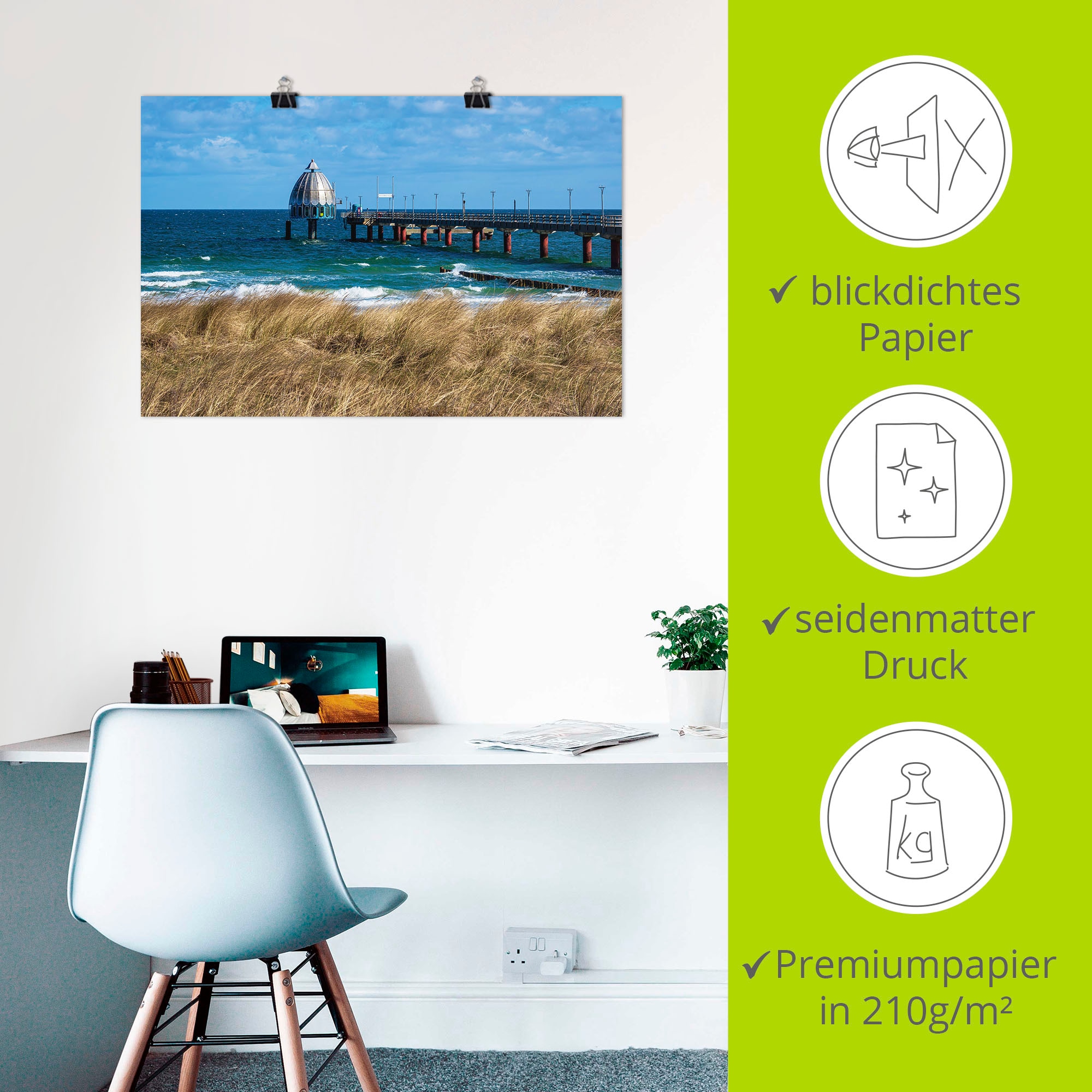 Artland Poster »Seebrücke an der Ostseeküste in Zingst«, Küstenbilder, (1 St.), als Alubild, Leinwandbild, Wandaufkleber oder Poster in versch. Grössen