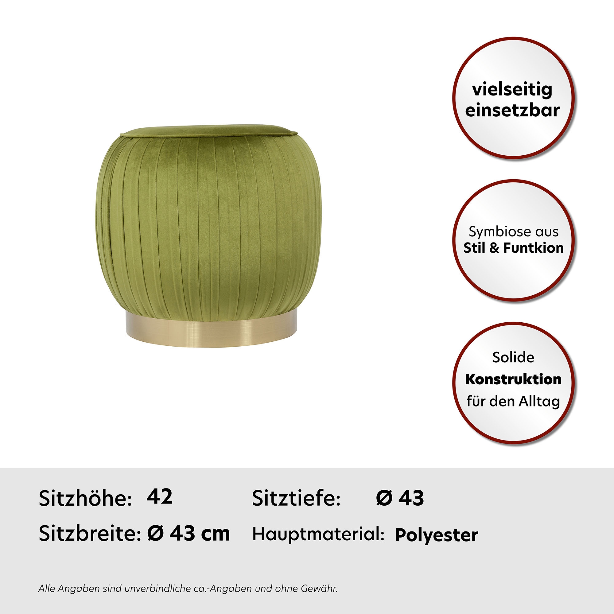 Kayoom Polsterhocker »Hocker Lyla 125, Edler Touch durch goldfarbenenen Sockel, Samtbezug«, (1 St.), samtweich, gesteppte Ziernaht, Edelstahlsockel, Hochwertiger Samtbezug