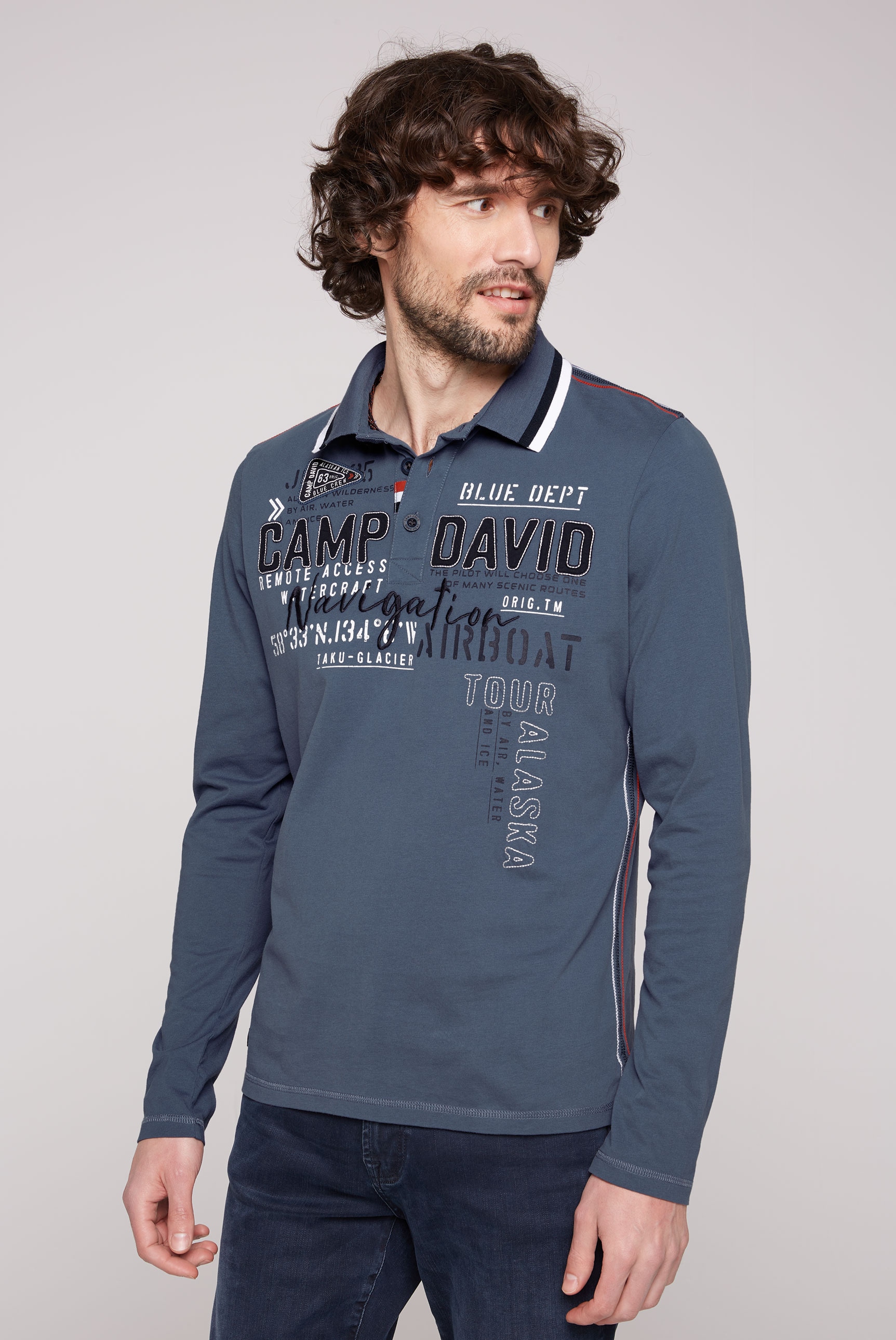 CAMP DAVID Langarm-Poloshirt, mit Logo-Applikationen
