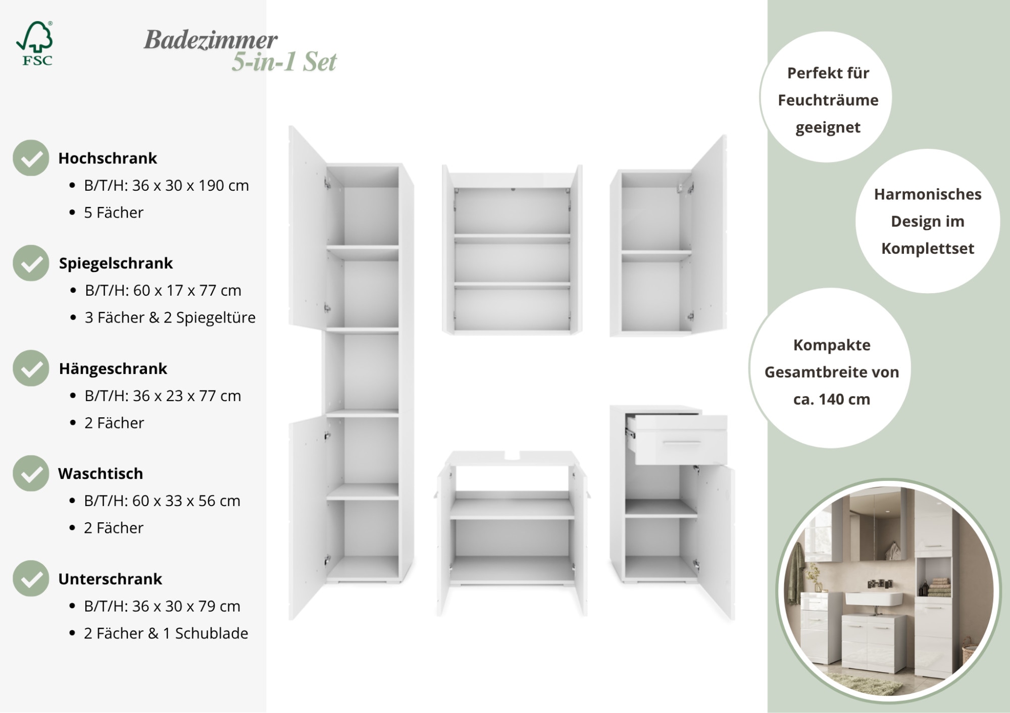 GOODproduct Badmöbel-Set »Föhr« Set, 5 Stk. tlg.