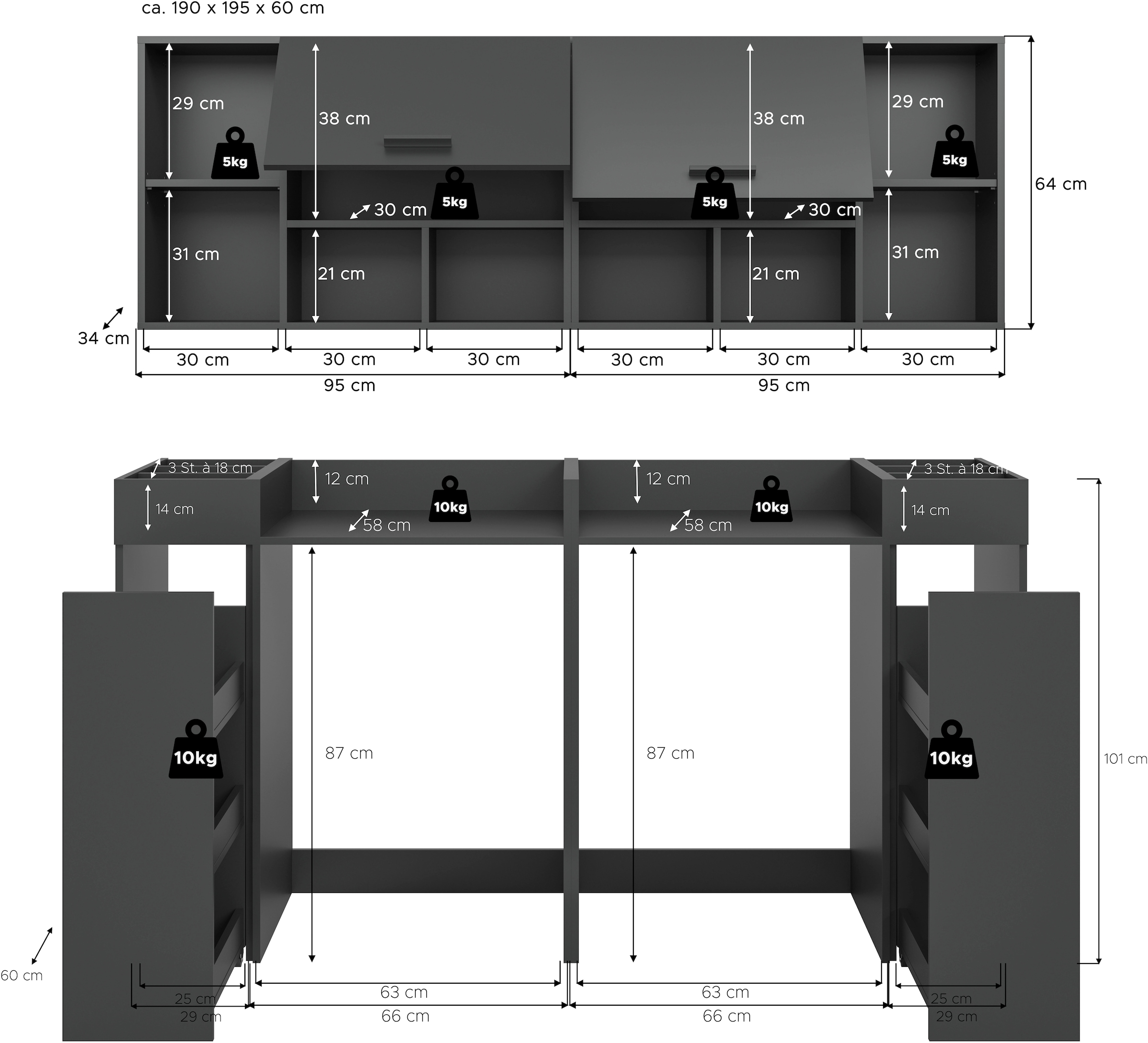 welltime Ensemble de meubles de salle de bain »FALAS, TOPSELLER!, 6-teilig, Hauswirtschaftsraum Set, Breite 190 cm« Set, 2x Waschmaschinenumbauschrank, 2x Standregal & 2x Hängeschrank, 6 cuis tlg.