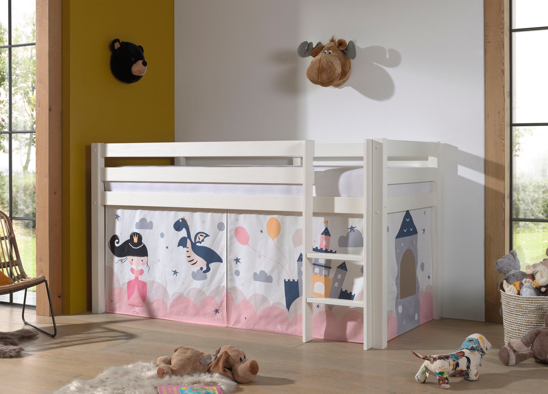 Vipack Lit de jeu »Pino, Kiefer massiv, mit Rolllattenrost u. Textil-Set, Made in Europe« L/H/P env. 210x114x106 cm, avec échelle et protection anti-chute,  différents dessins textiles, 3 couleurs de cadre au choix