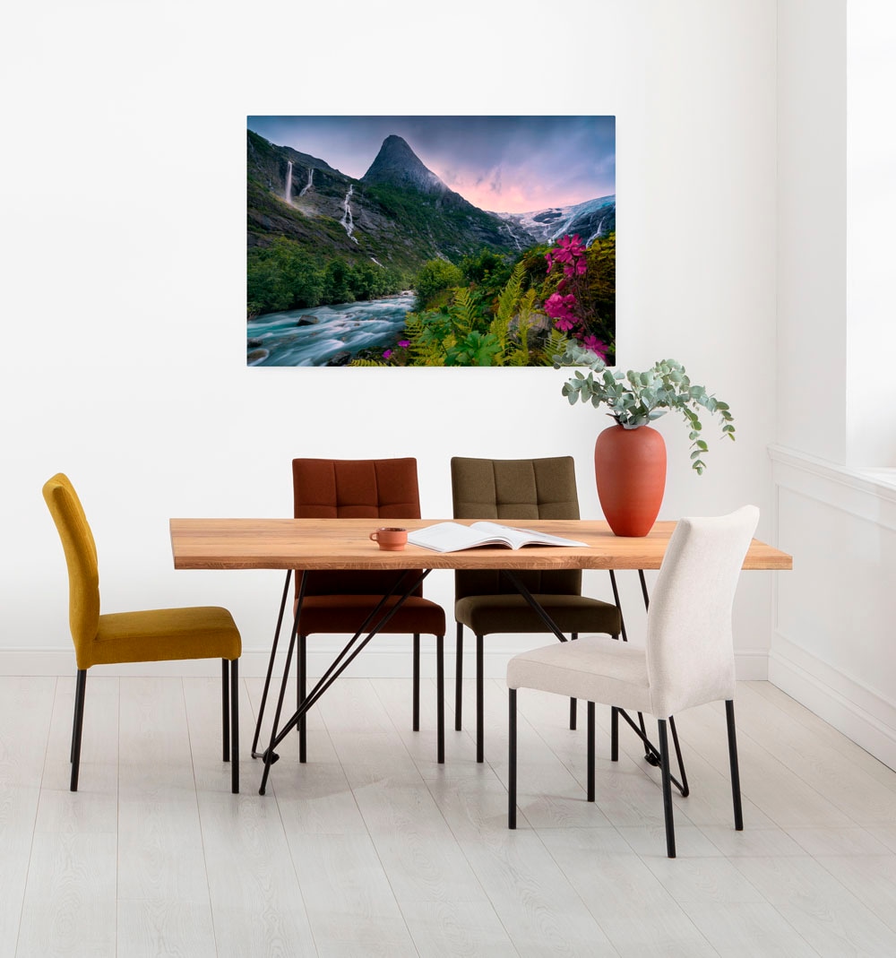 Image of Komar Leinwandbild "Scandinavian Paradise - Grösse 90 x 60 cm" Baum Berge Blumen Blätter Foto Jahreszeiten Landschaft Meer Natur Palmen Strand Packung, 1 Stk. tlg. Keilrahmenbild mi Echtholzrahmen