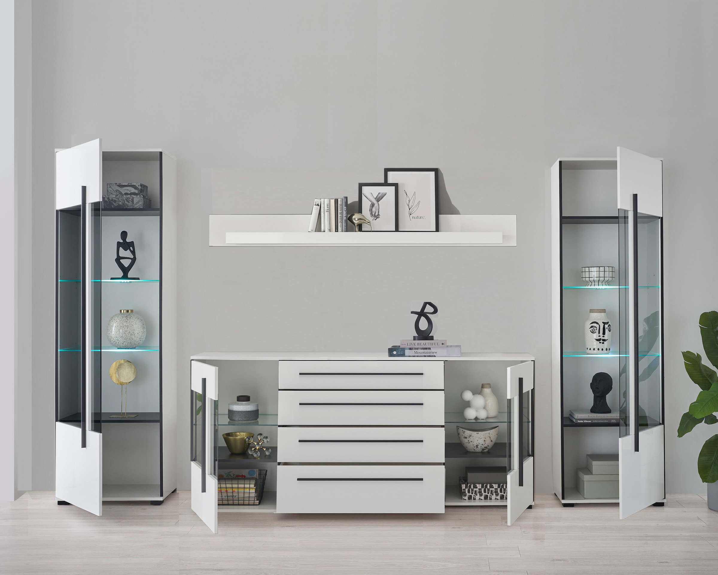 INOSIGN Wohnwand »Cantara, moderne Anbauwand, Wohnzimmer-Set, in Eiche Evoke oder Weiss«, (Set), enthält zwei Vitrinen, ein Sideboard und ein Wandboard