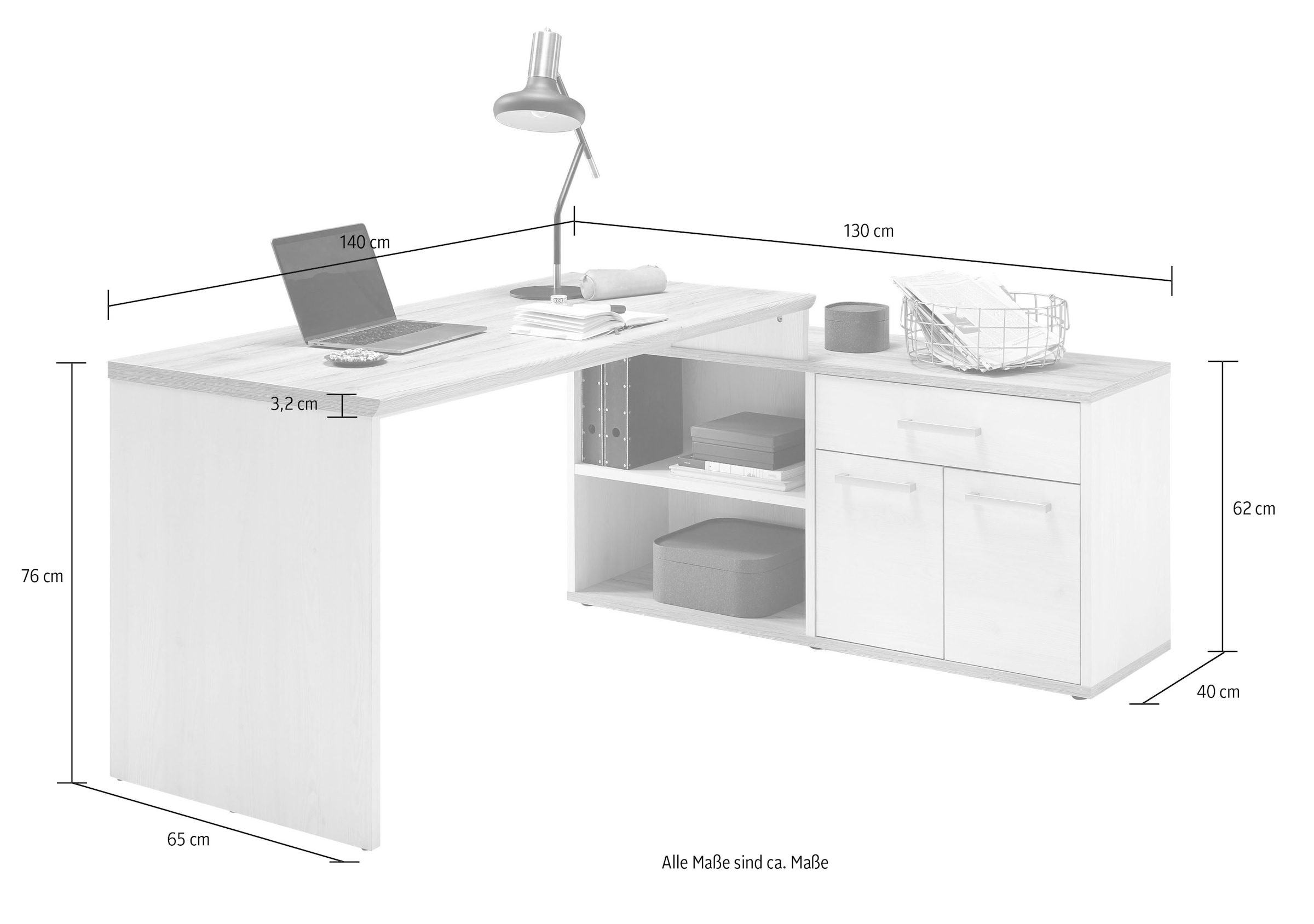 BEGA OFFICE Eckschreibtisch »Romance«, im Landhaustil, mit Sideboard, 140x130 cm