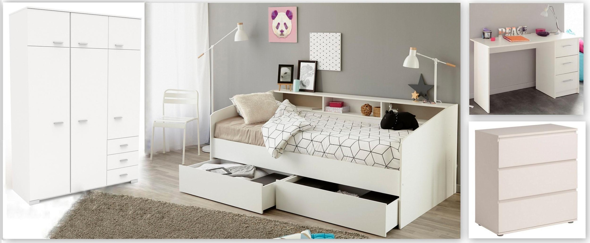 Parisot Jugendzimmer-Set »Sleep«, (Set, 4 tlg., Kleiderschrank, Stauraumbett, Kommode und Schreibtisch)