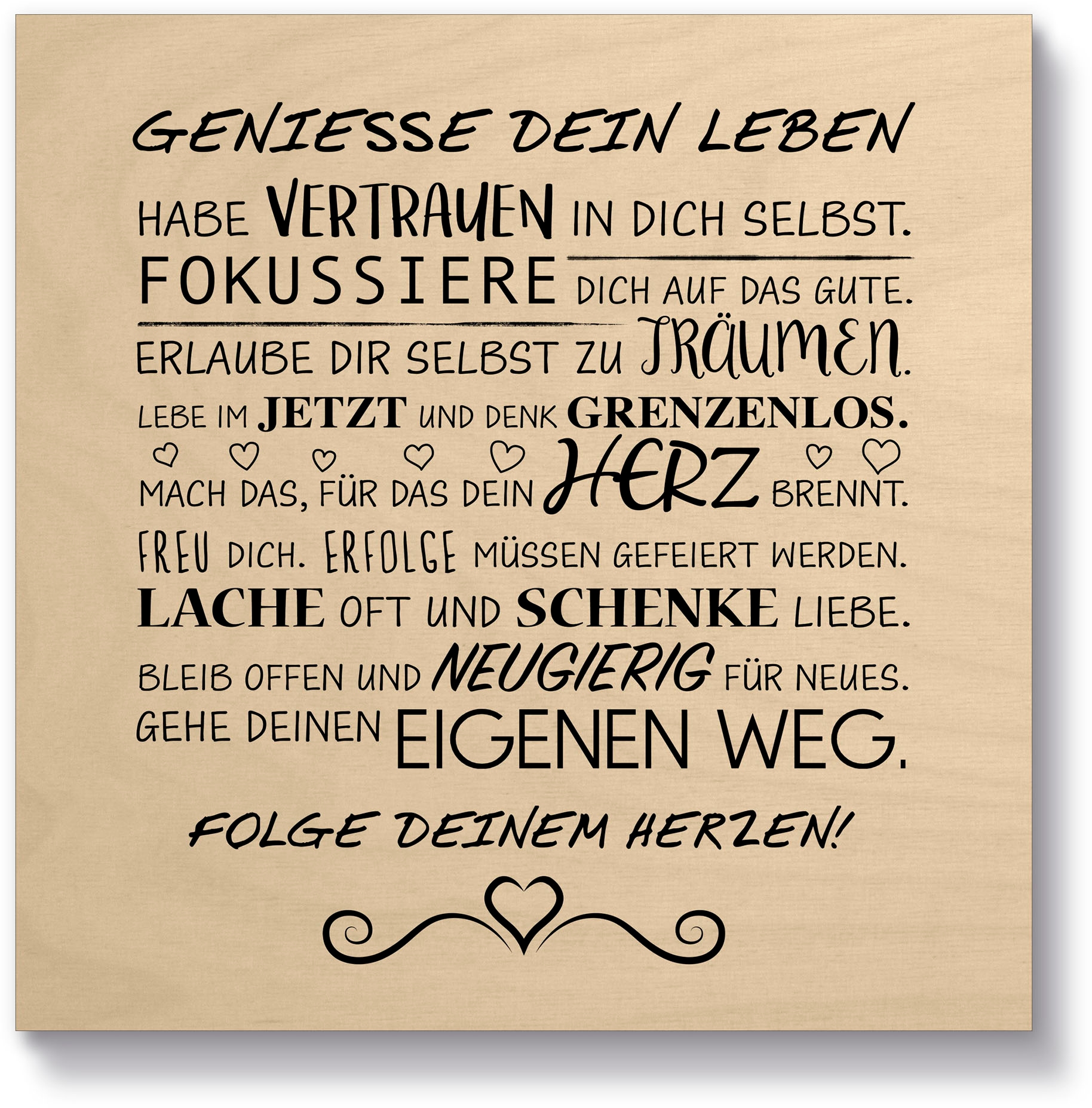 Texte, & (1 Holzbild maintenant »Geniesse St.) Artland Leben«, Sprüche dein