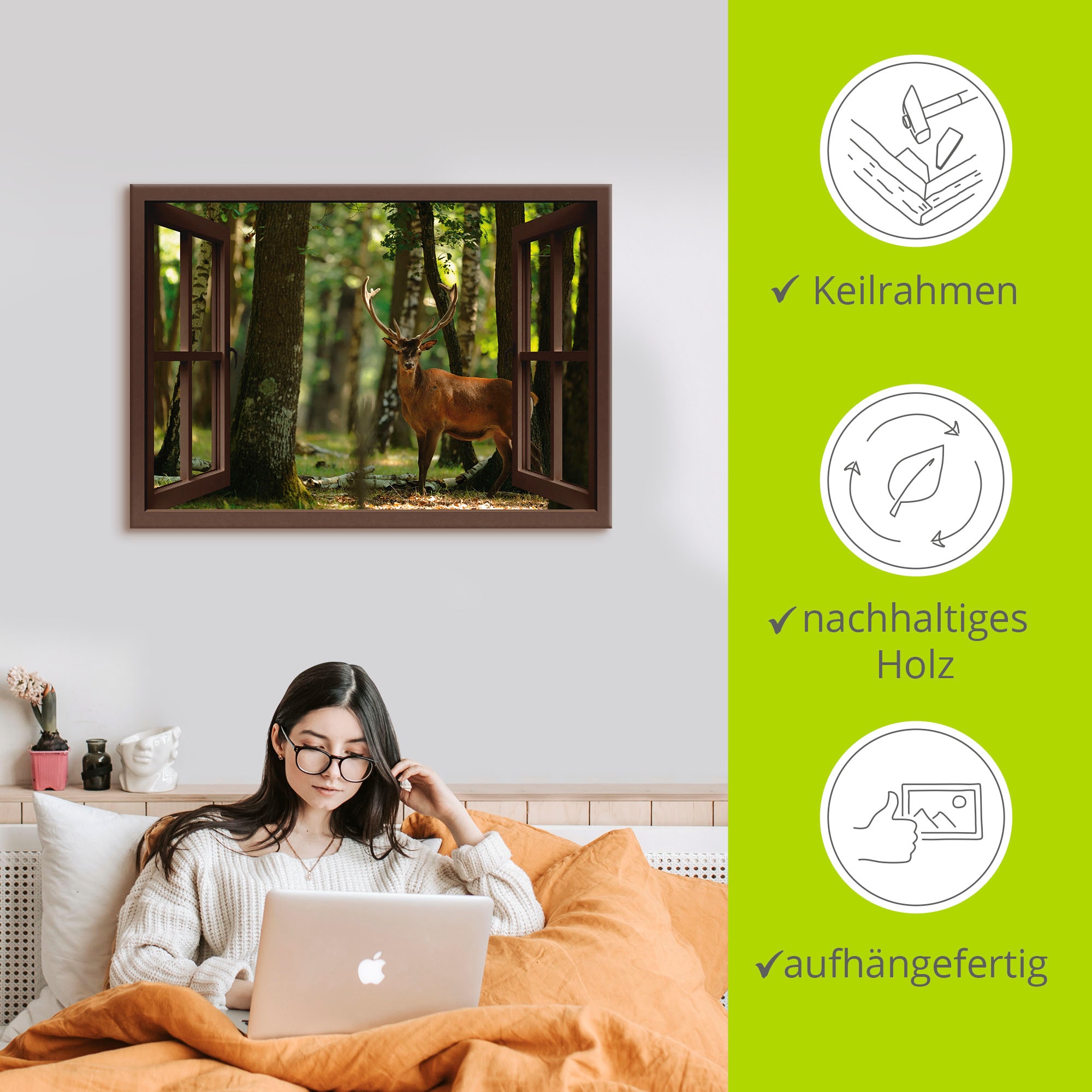 Artland Tableau sur toile »Fensterblick - Hirsch 4 - Wald« 1 cuis tlg. auf Holzrahmen gespannt