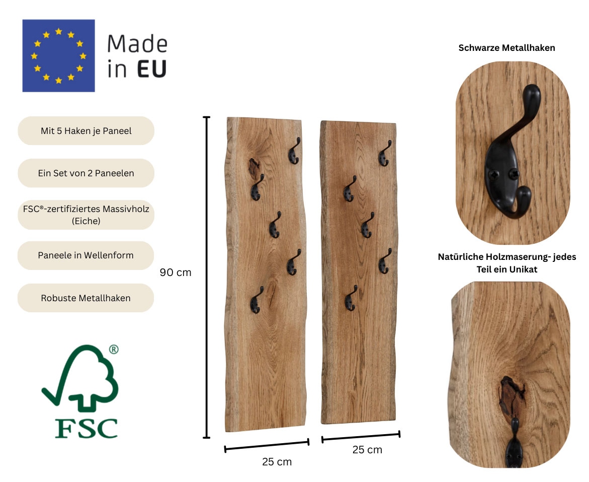 Home affaire Panneau de vestiaire »Brodi« Masse pro Paneel (B/T/H): 25/2/90 cm,  aus massiver Eiche in Wellenform, 2er-Set mit je 5 Metallhaken