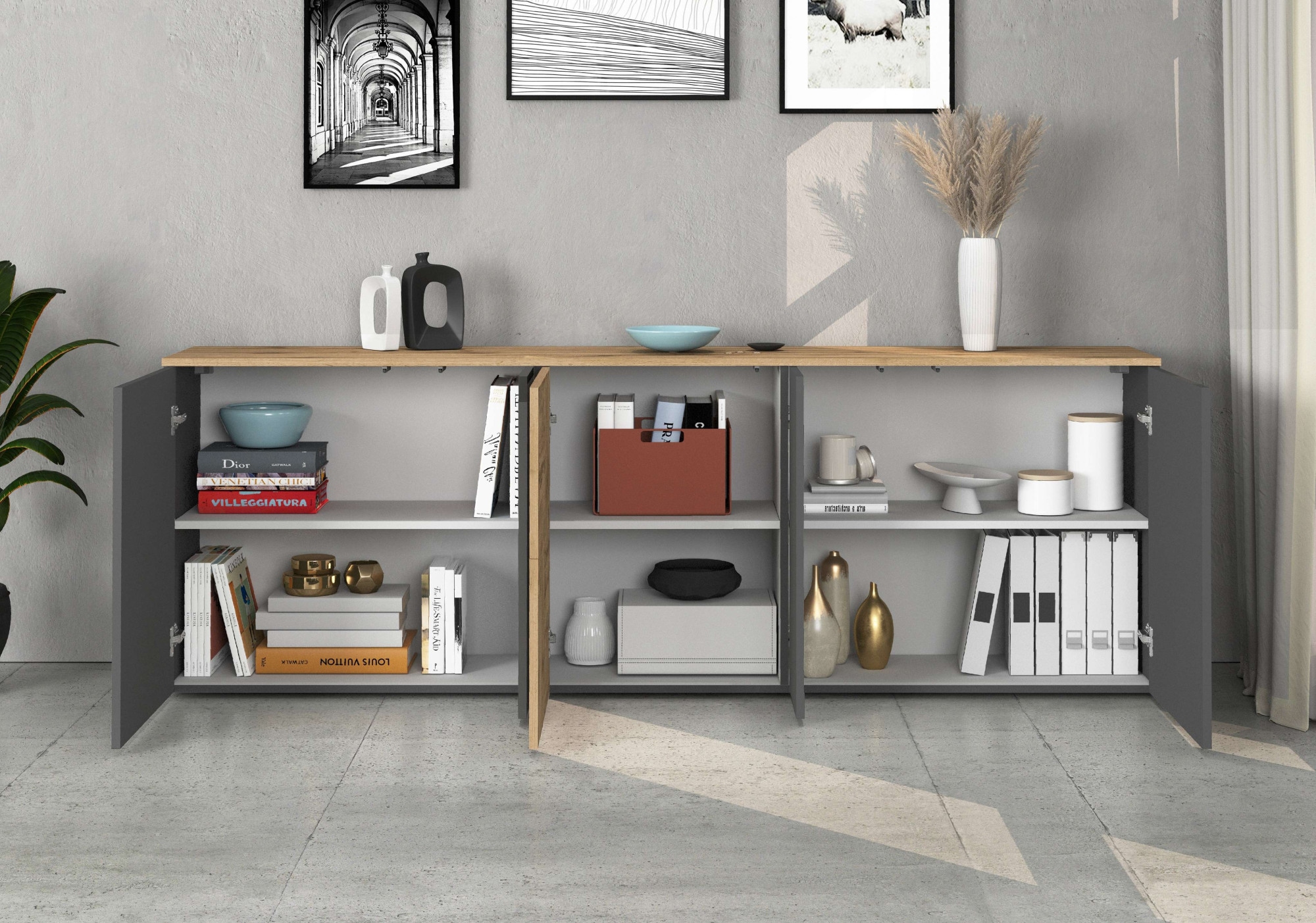 GOODproduct Sideboard »ISEO, Kommode, Schrank, Sideboard, Lowboard, 6 Fächer, Breite 200 cm« 1 Stk. tlg. stehend/hängend, 5 Türen, 6 Fächer, Breite 200 cm
