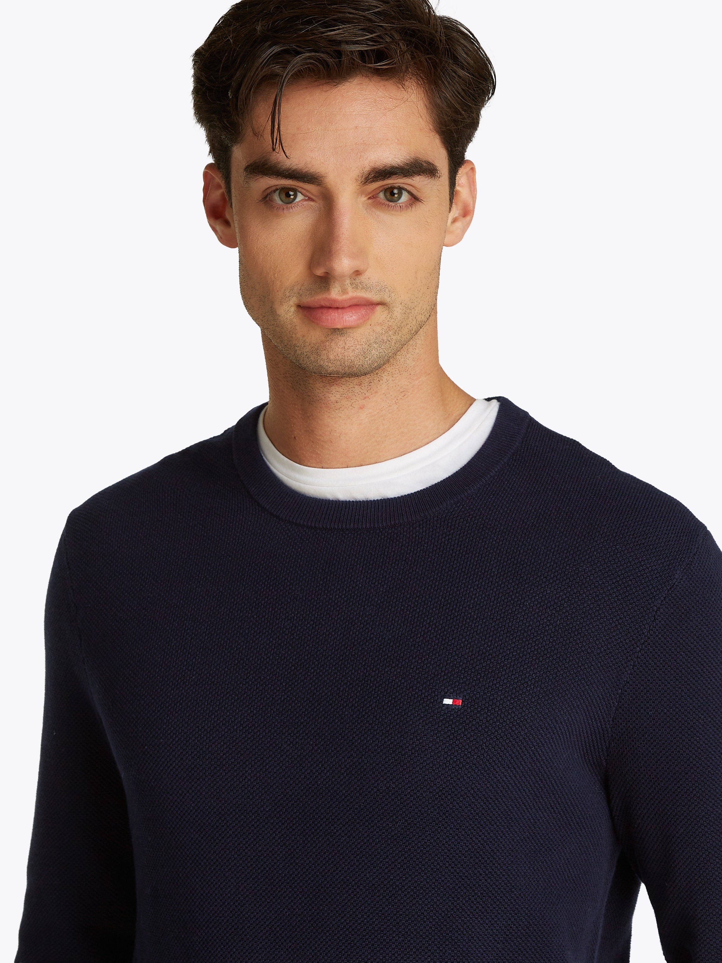 Tommy Hilfiger Rundhalspullover »ESSENTIAL STRUCTURE CREW NECK mit Struktur und Label«, unifarben, casual, regular fit, Baumwolle, Rundhals