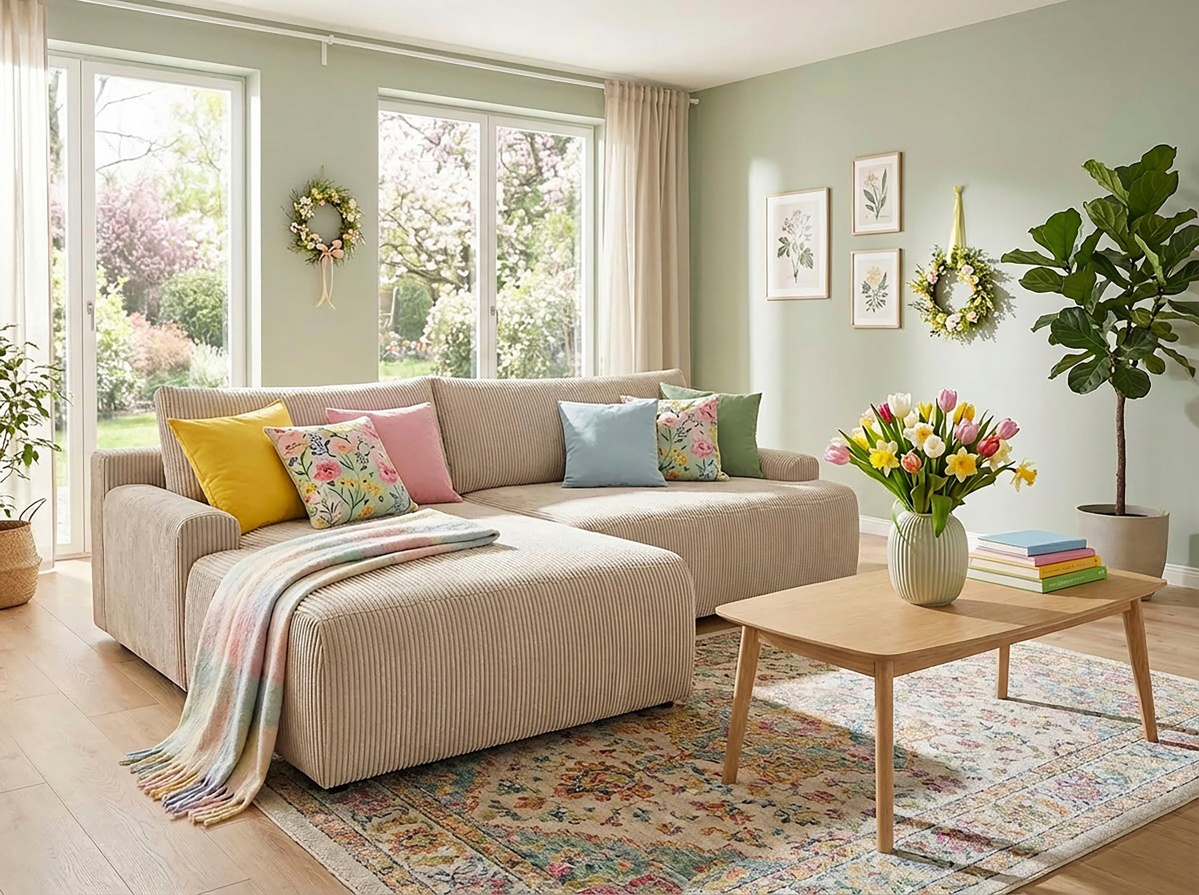 Image of TRENDMANUFAKTUR Ecksofa "Prag, Schlafsofa mit Bettkasten, Couch in L-Form, Breite 253 cm" in Cordstoff HYPER, cream, Recamiere links