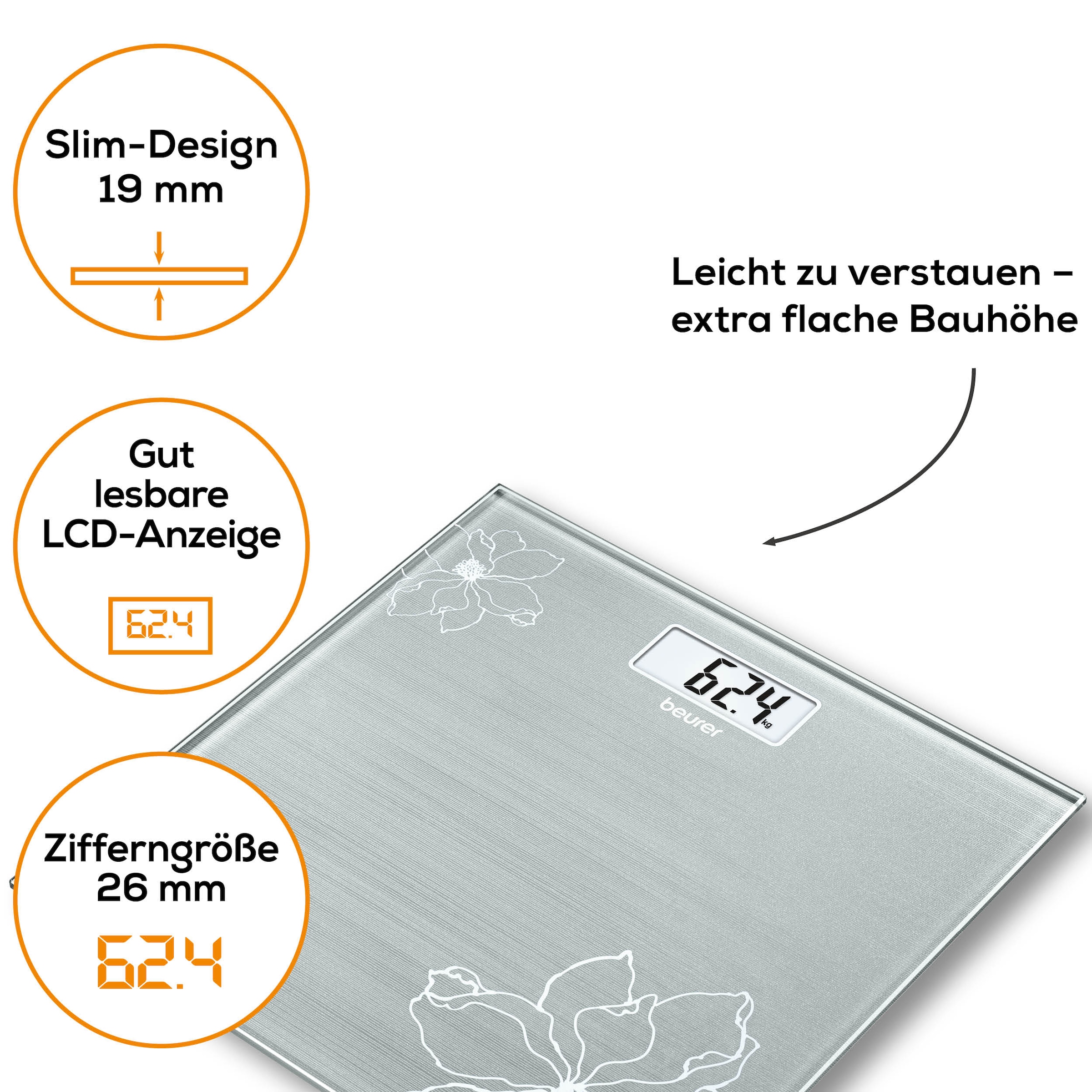 BEURER Pèse-personne »GS 10 besonders flach mit nur 1,9 cm, Tragkraft bis 180 kg« Wiegefläche aus Sicherheitsglas, mit Einschaltautomatik