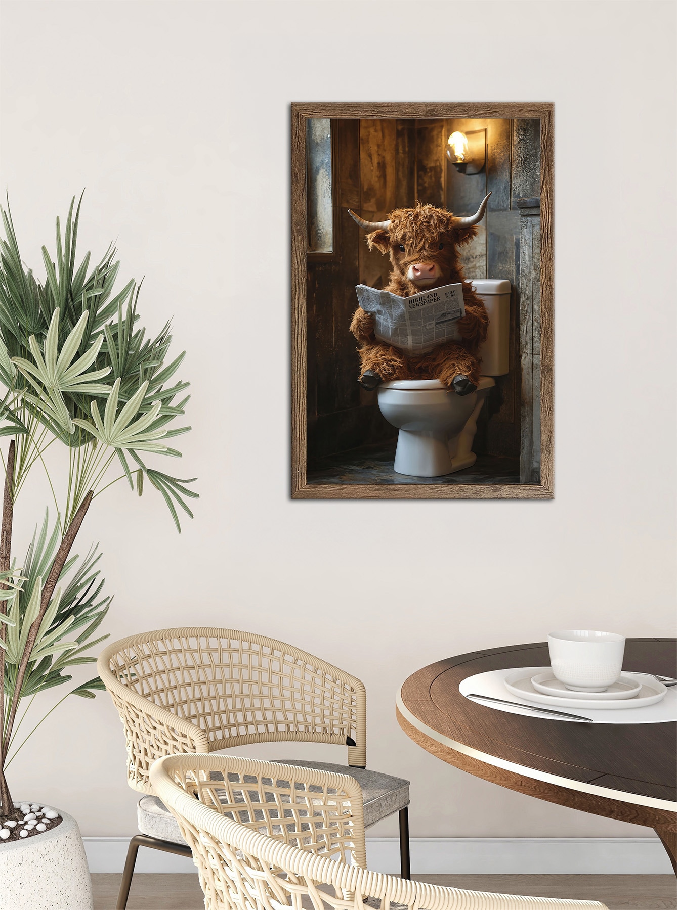 Bönninghoff Bild mit Rahmen »Wandbild gerahmt HIGHLAND NEWS 50x70 cm – Lustiges Hochlandrind Bad« Hochlandrind | Humor | Tiere 1 Stk. tlg. mit dekorativem Rahmen