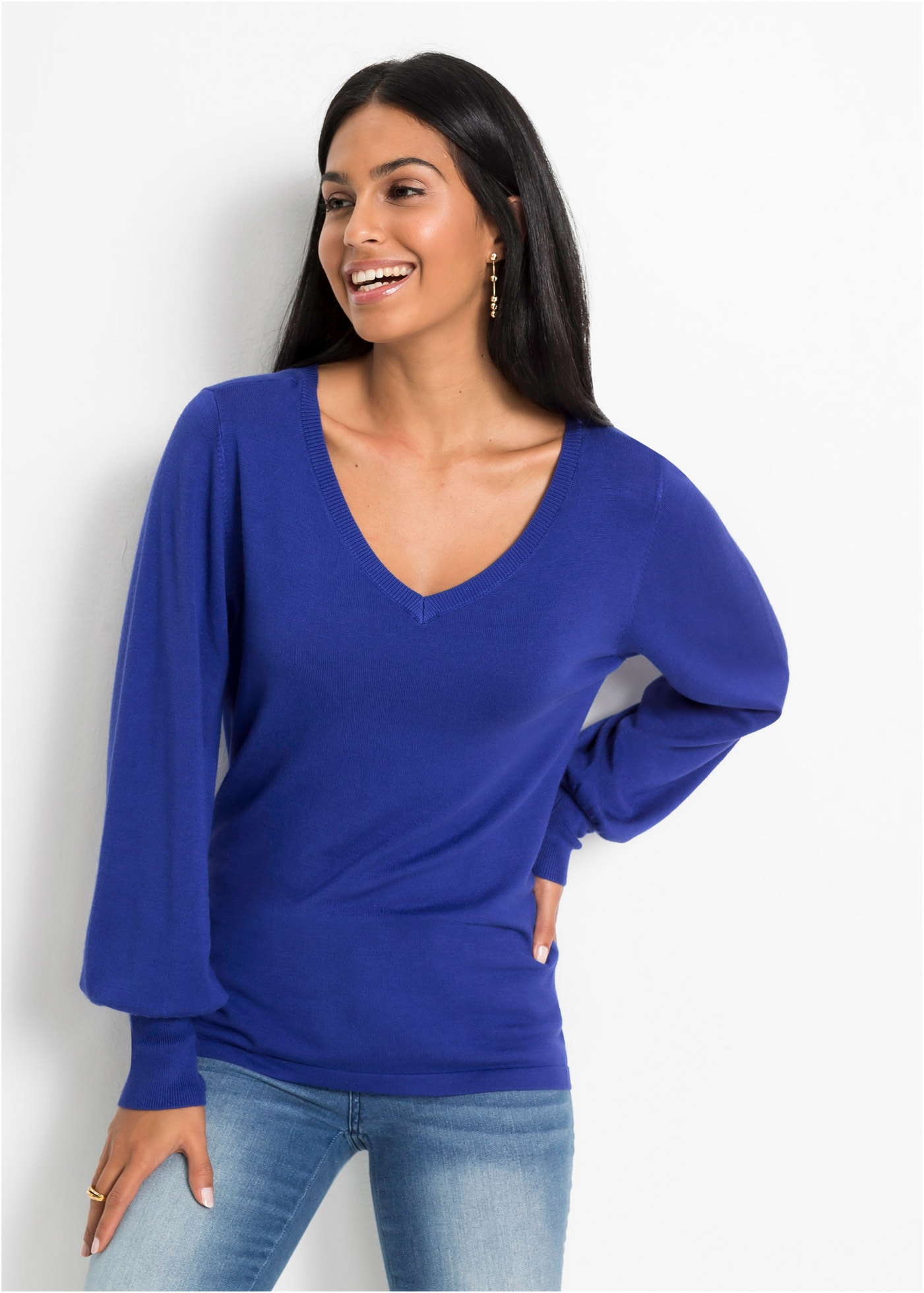 Image of bonprix Strickpullover Viskosemischung, Ballonärmel, V-Ausschnitt