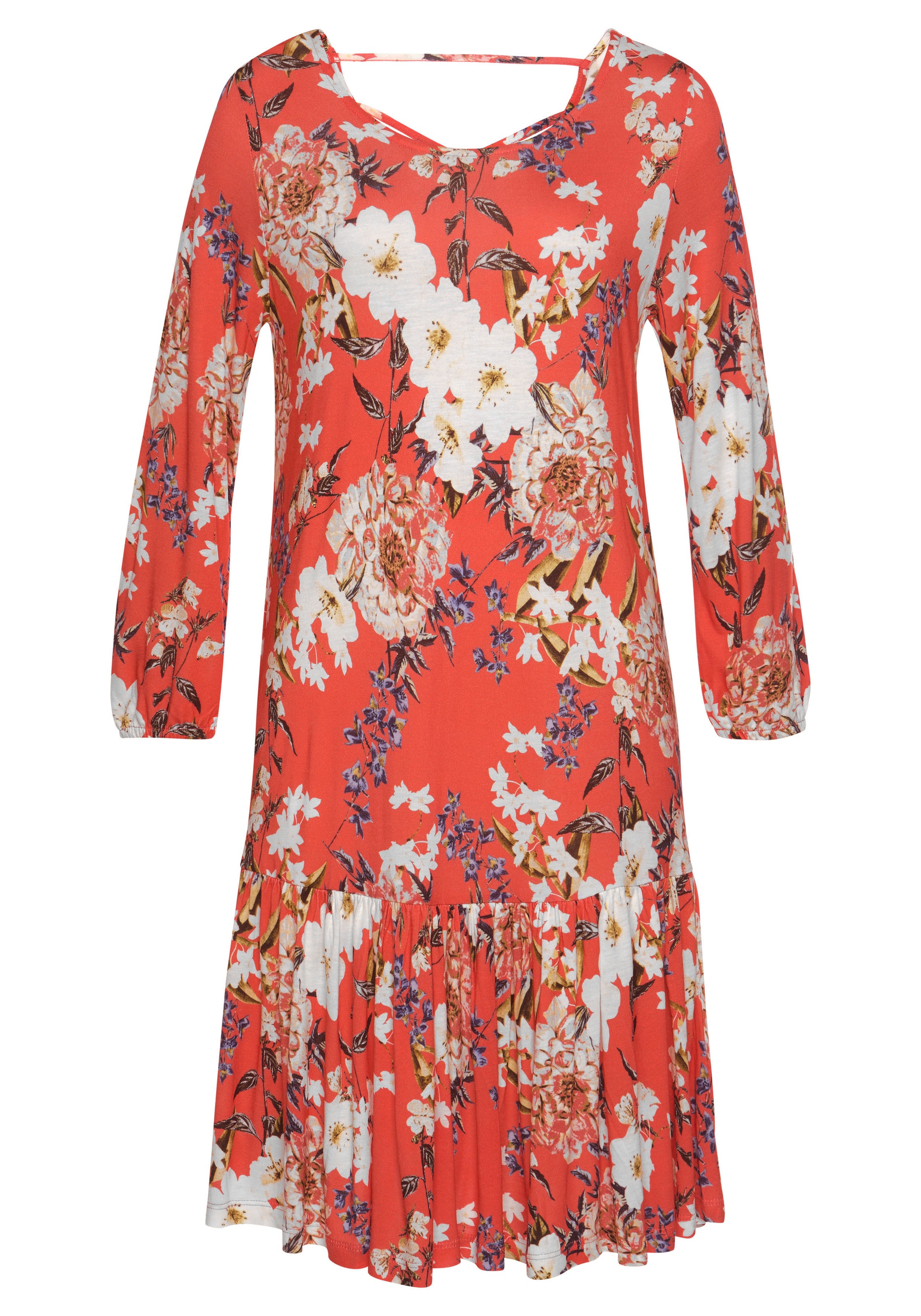 s.Oliver Jerseykleid "mit Blumenprint und Volantrock, Druckkleid mit 3/4-Ärmeln" Ohne Taschen Sommerkleid, leichtes Strandkleid, feminines Blumenkleid, Viskosekleid