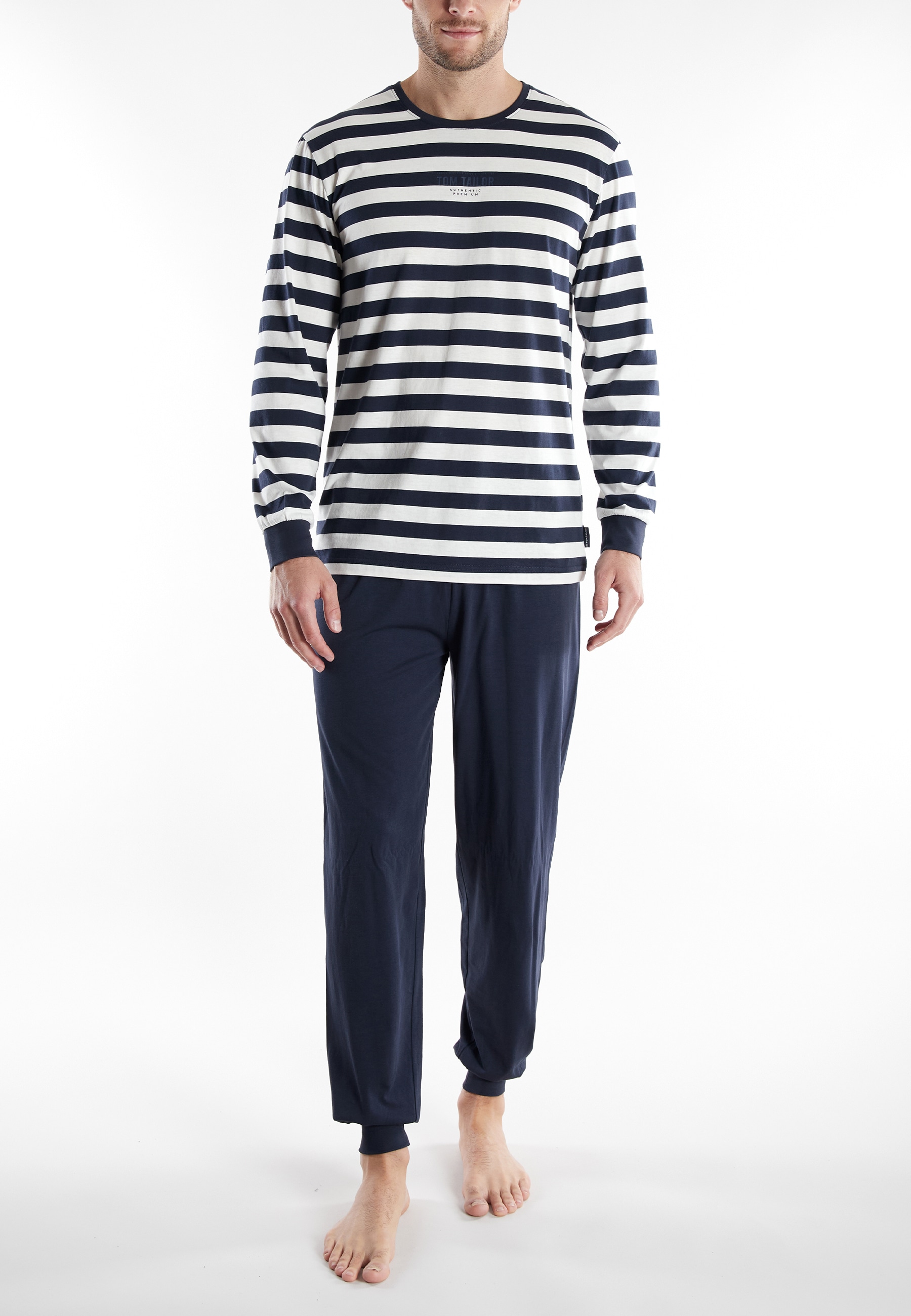 TOM TAILOR Schlafanzug »Milos« 2 tlg. Langarm, Rundhalsausschnitt, gestreift, basic, Baumwolle