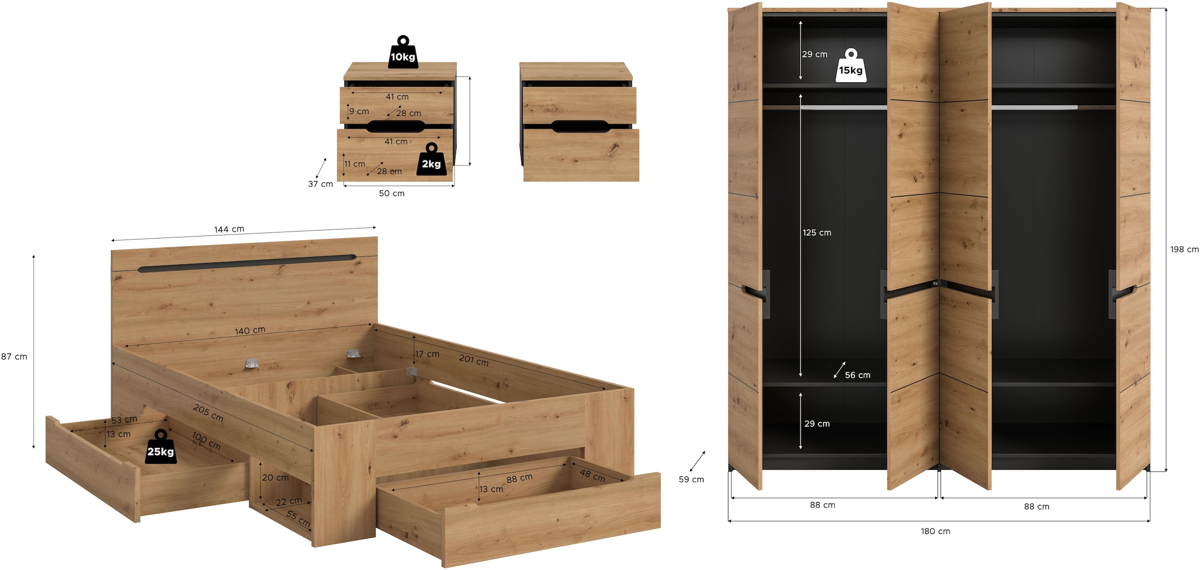 Home affaire Schlafzimmer-Set »REHAT, 4-teilig, best. aus: Bett, Kleiderschrank & 2x Nachtkommode« TOPSELLER!, für Matratzengrösse 140x200 cm, viel Stauraum, 