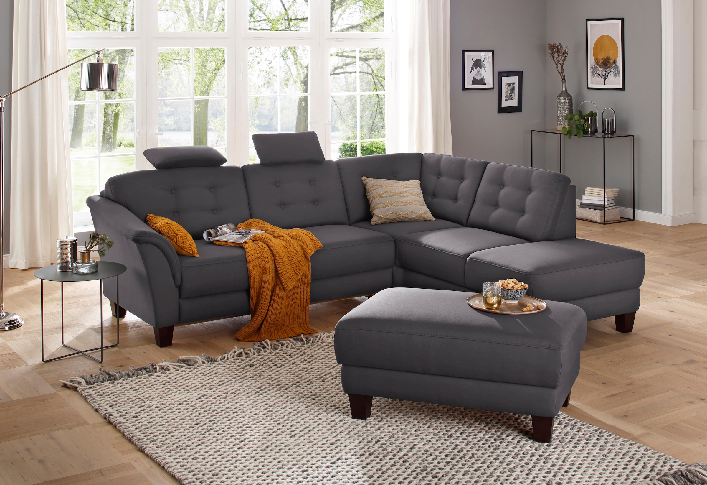 Home affaire Ecksofa »Trondheim L-Form« mit Federkern und Knopfheftung im Rücken, Füsse Buche dunkel