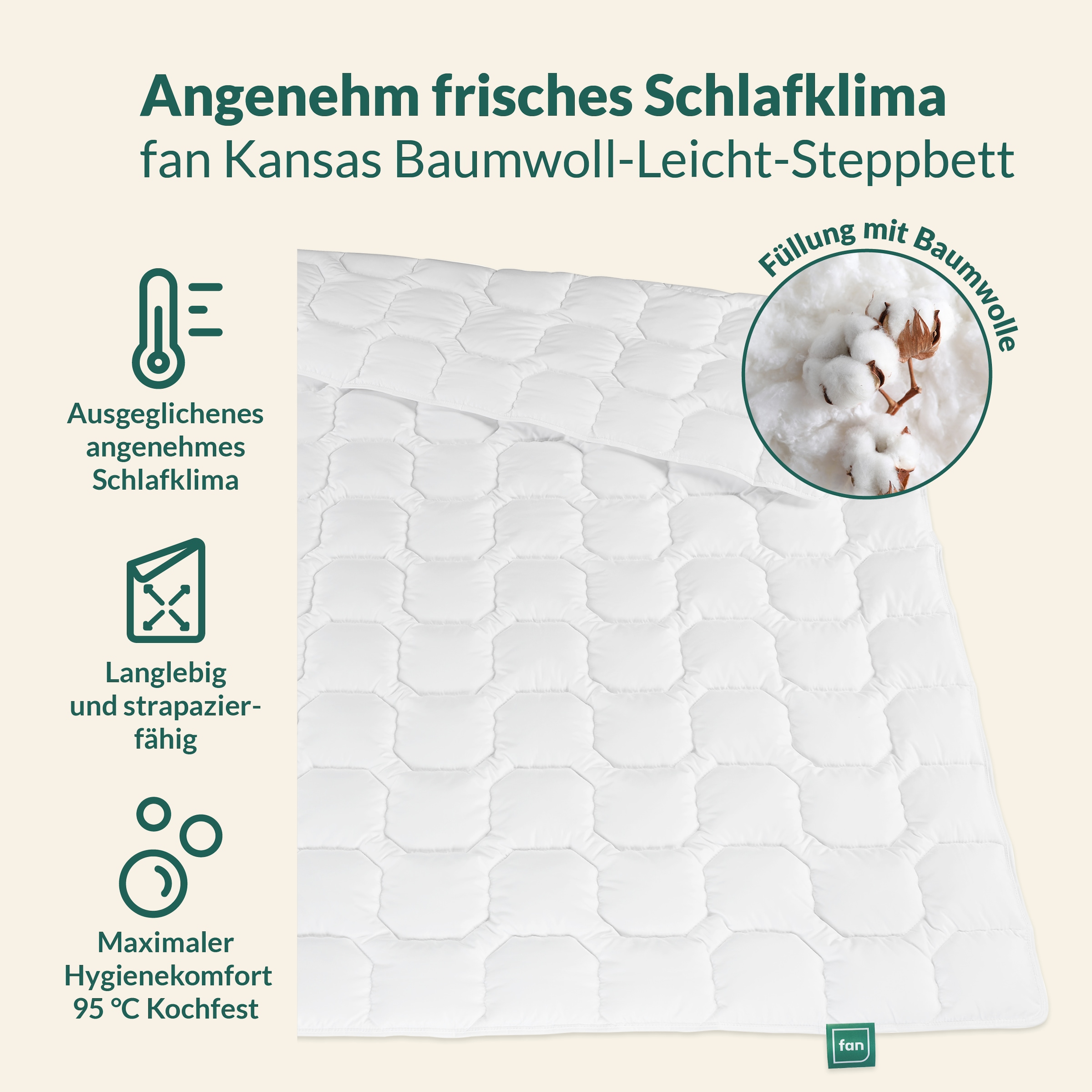 fan Couette en coton »Kansas, Bettdecken für Sommer und Winter, Decke« léger Füllung 100 % coton 1 cuis tlg. Couette 135x200 cm, 155x220 cm et autres tailles, Made in Germany