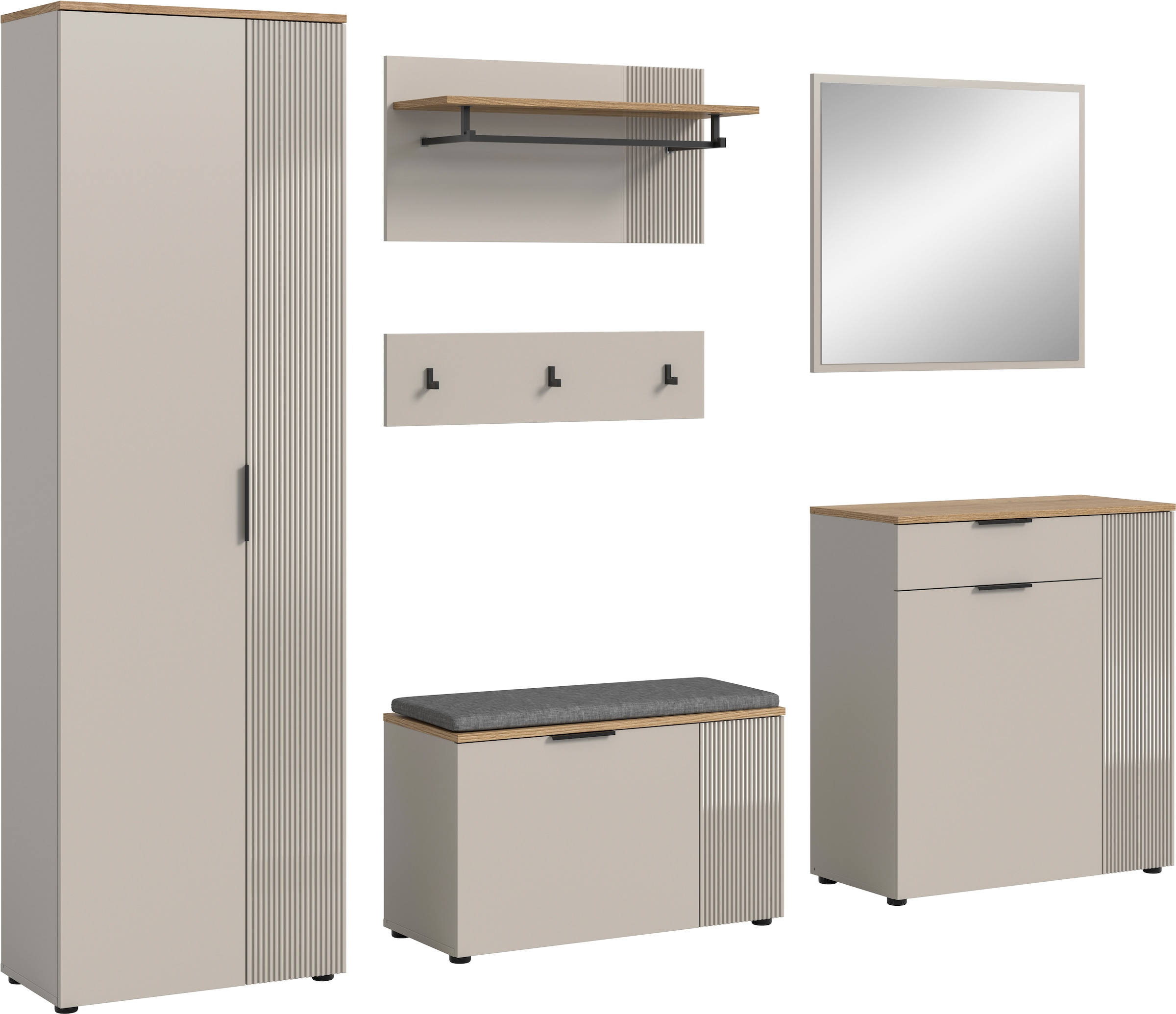Image of Home affaire Garderoben-Set "EDIL, Breite 250 cm, 6-teilig, Front mit hochwertiger Längstfräsung" Set, Hochschrank, Sitzbank, Kissen, Paneel, Hakenleiste, Kommode & Spiegel, 6 Stk. tlg.