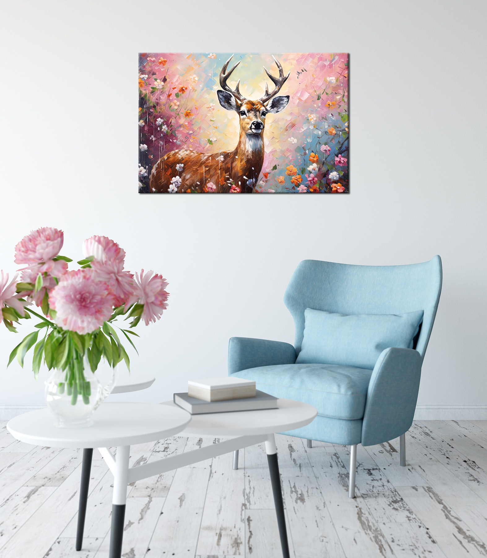 Bönninghoff Leinwandbild »Wandbild HIRSCH IN BLUMEN 60x90 cm – Leinwandbild Keilrahmen Deko« Blumen | Hirsch | Wildtiere 1 Stk. tlg. auf Keilrahmen gespannt
