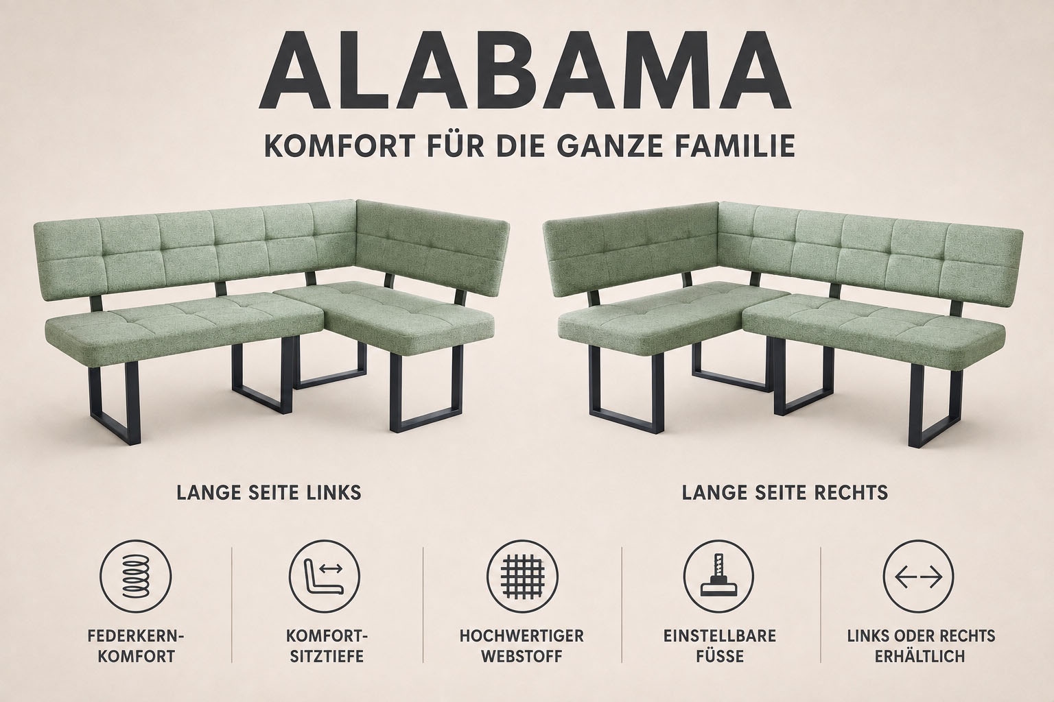 GOODproduct Eckbank »Alabama« 1 Stk. tlg. gemütliche Sitzbank in Webstoff mit Federkern und Komfort-Sitztiefe