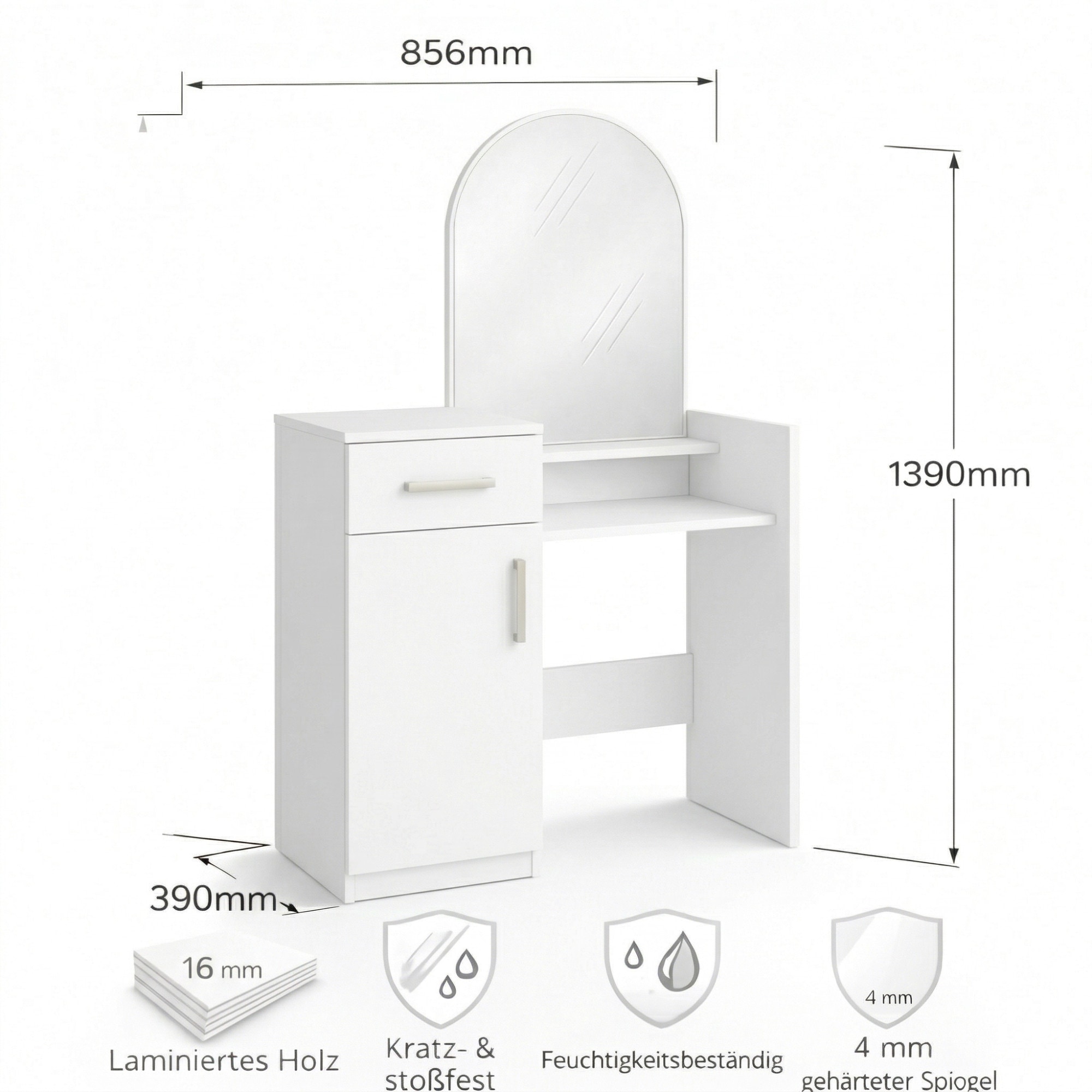 GOODproduct Coiffeuse »Trympo 1, Kosmetiktisch, Frisiertisch, Schminkkommode, Toilettentisch« Schminktisch mit Spiegel und Stauraum (1 Schublade, 1 Tür)