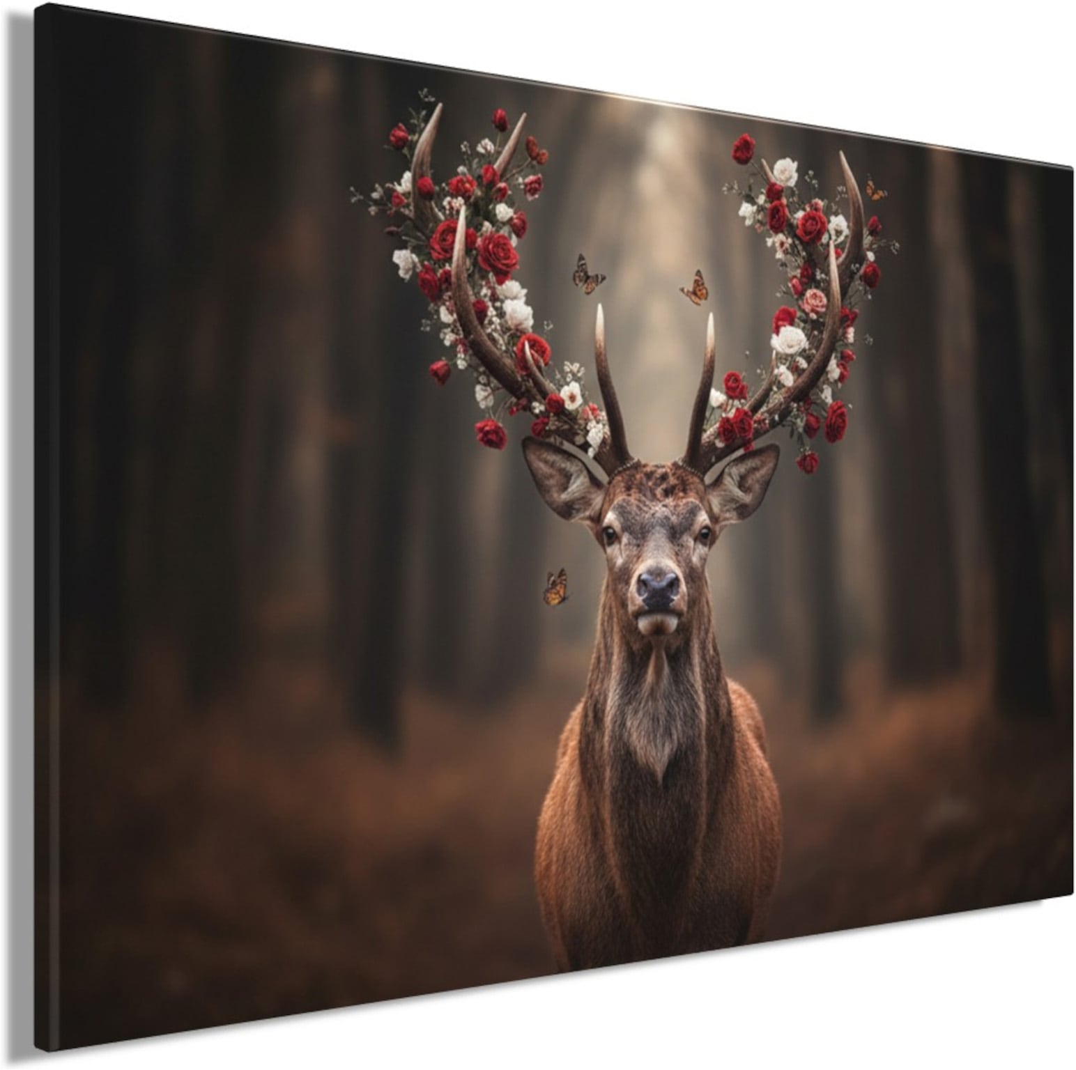 Bönninghoff Bild »Wandbild HIRSCH MIT BLUMEN 60x90 cm – Leinwandbild Keilrahmen Deko« Blumen | Hirsch | Wald auf Keilrahmen gespannt