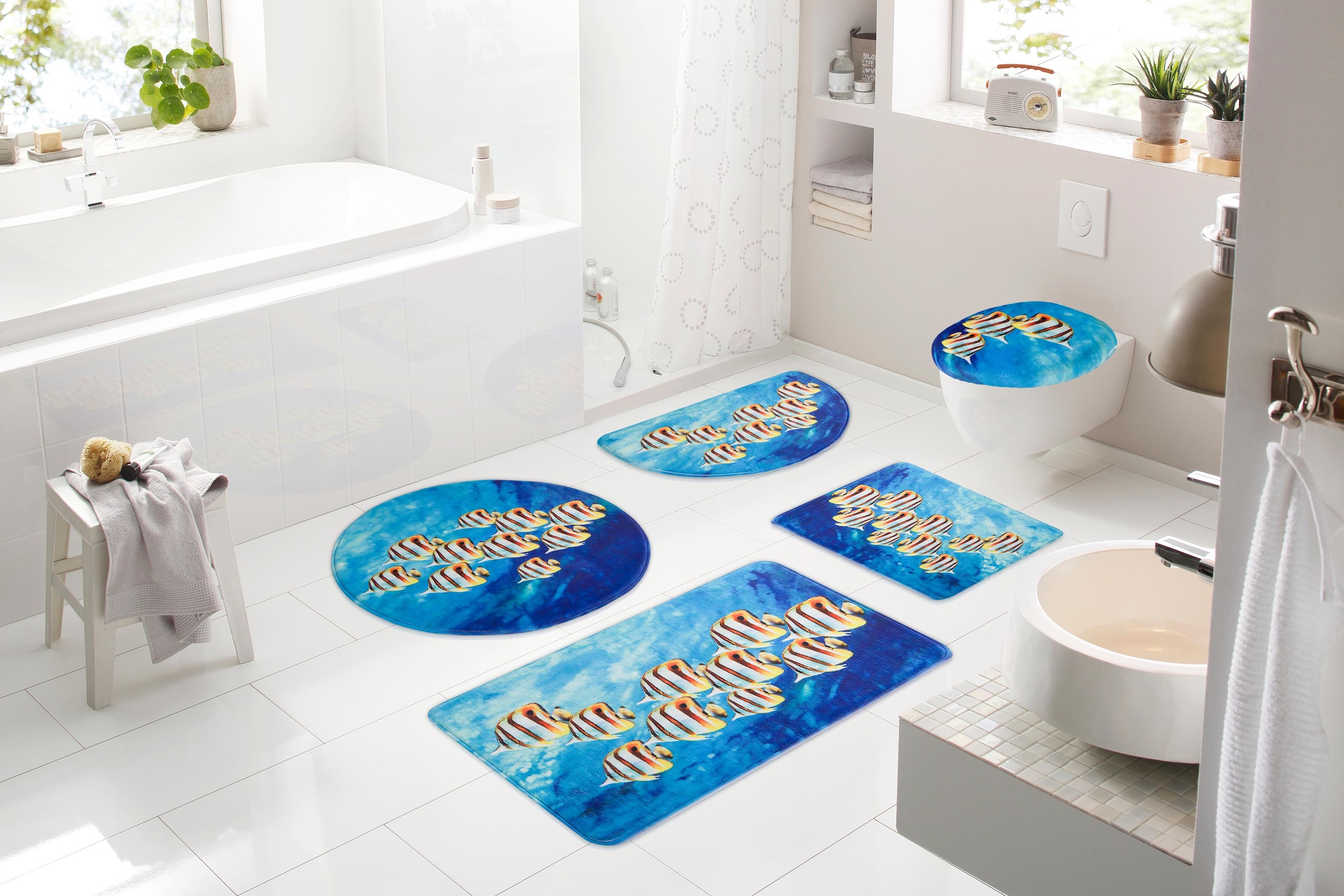 my home Badematte »Fabius«, Memory Schaum-rutschhemmend beschichtet, fussbodenheizungsgeeignet-schnell trocknend-strapazierfähig, Fotodruck mit Fischen, Badematten als 3 teiliges Set erhältlich