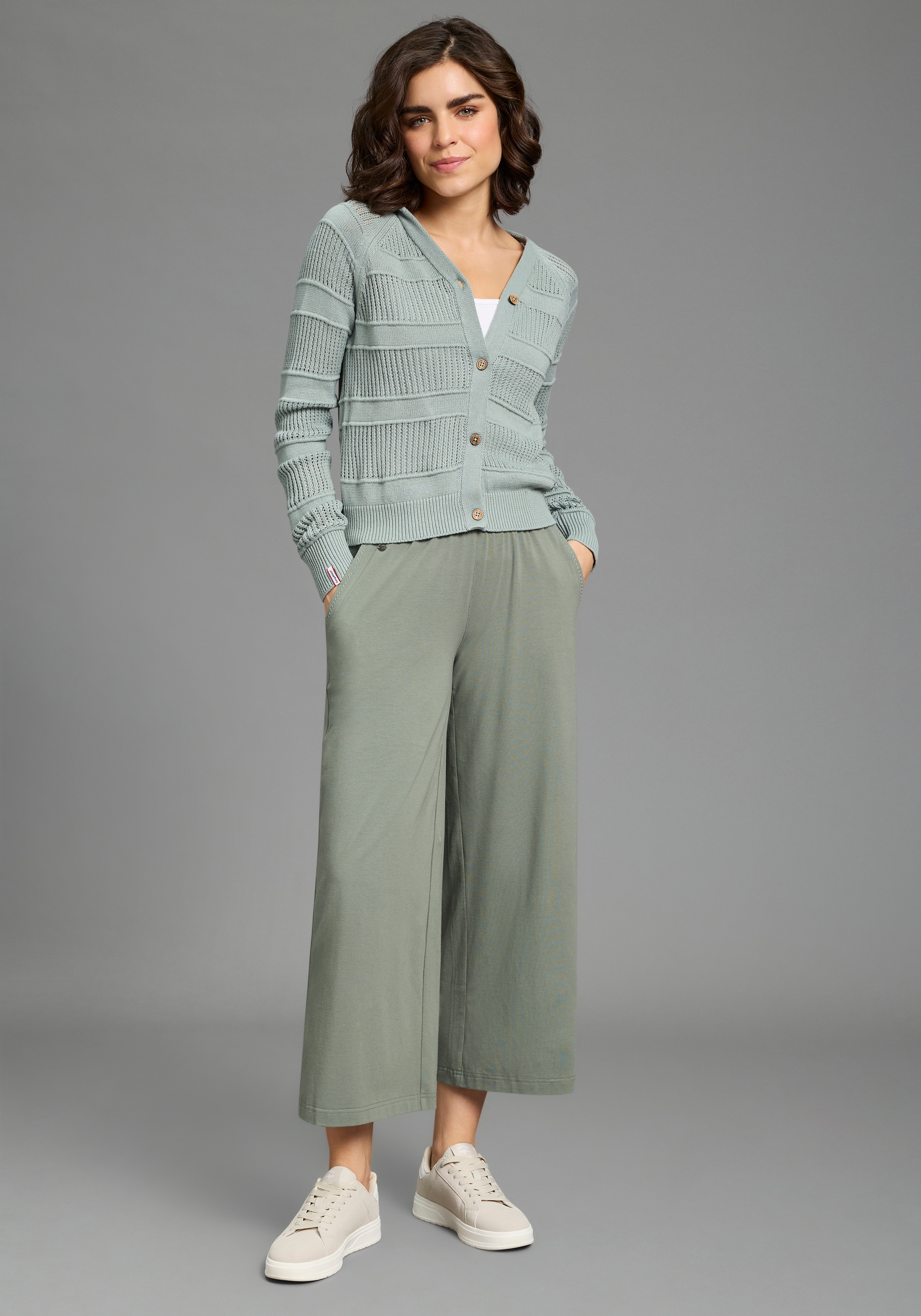 KangaROOS Veste en tricot ajouré mit Kapuze, V-Ausschnitt mit Knopfleiste, aus Feinstrick, Langarm