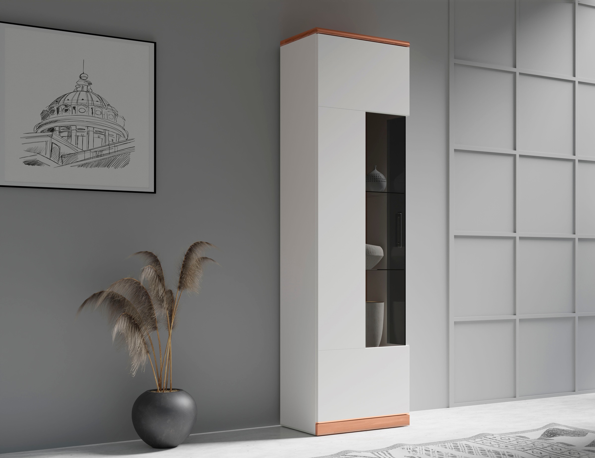 Image of GOODproduct Vitrine "Ribe,180cm hoch,5 Fächer,2 Glasböden variabel einsetzbar" Oberplatte Kernbuche massiv,dunkles Glas, schwarze Metall Griffe