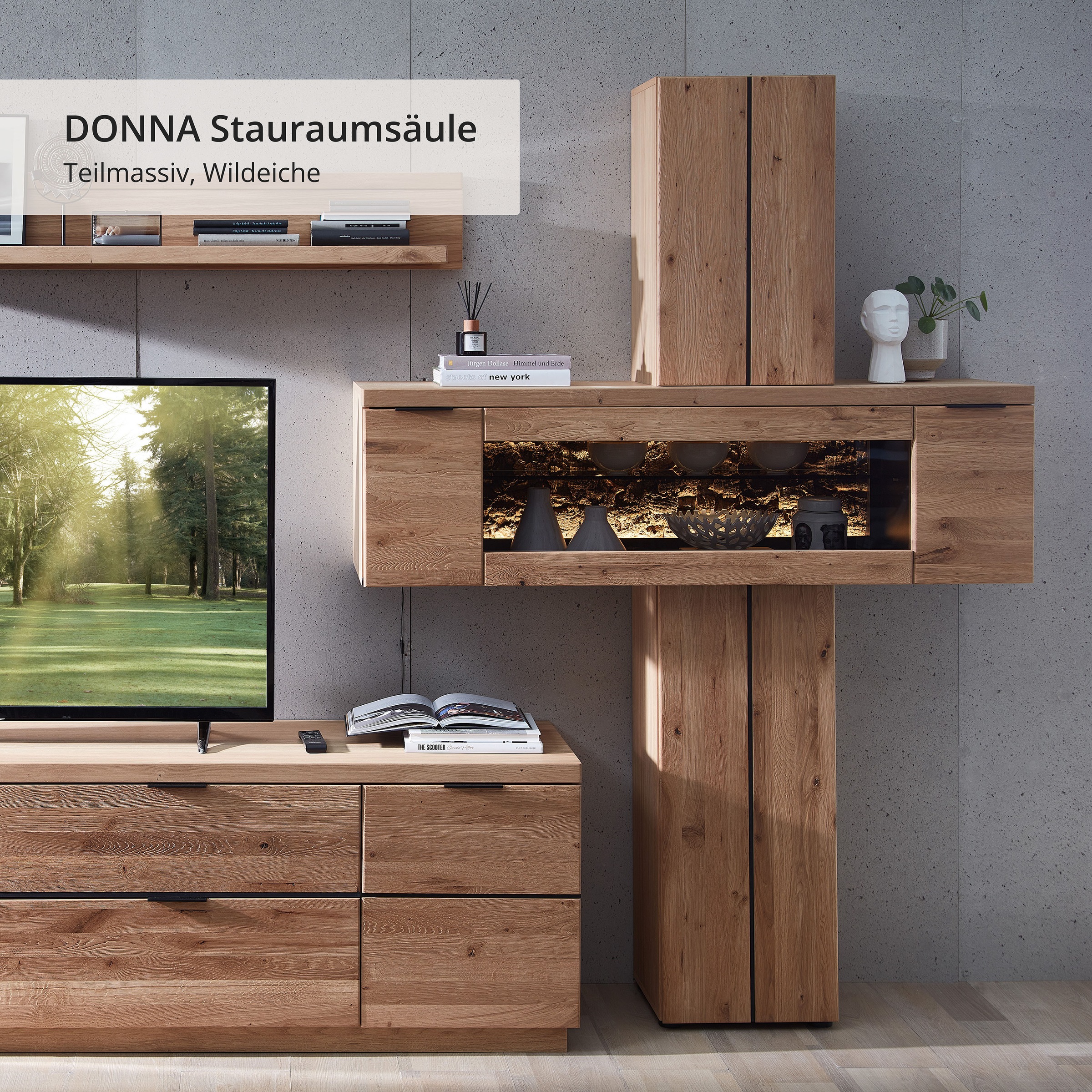 Wohnconcept Stauraumvitrine »Donna Stauraum-Säule, 140x203x42 (BxHxT)« 1 Stk. tlg. Beleuchtung bestellbar, 2 türig, Echtkork Absetzung, L/R verwendbar