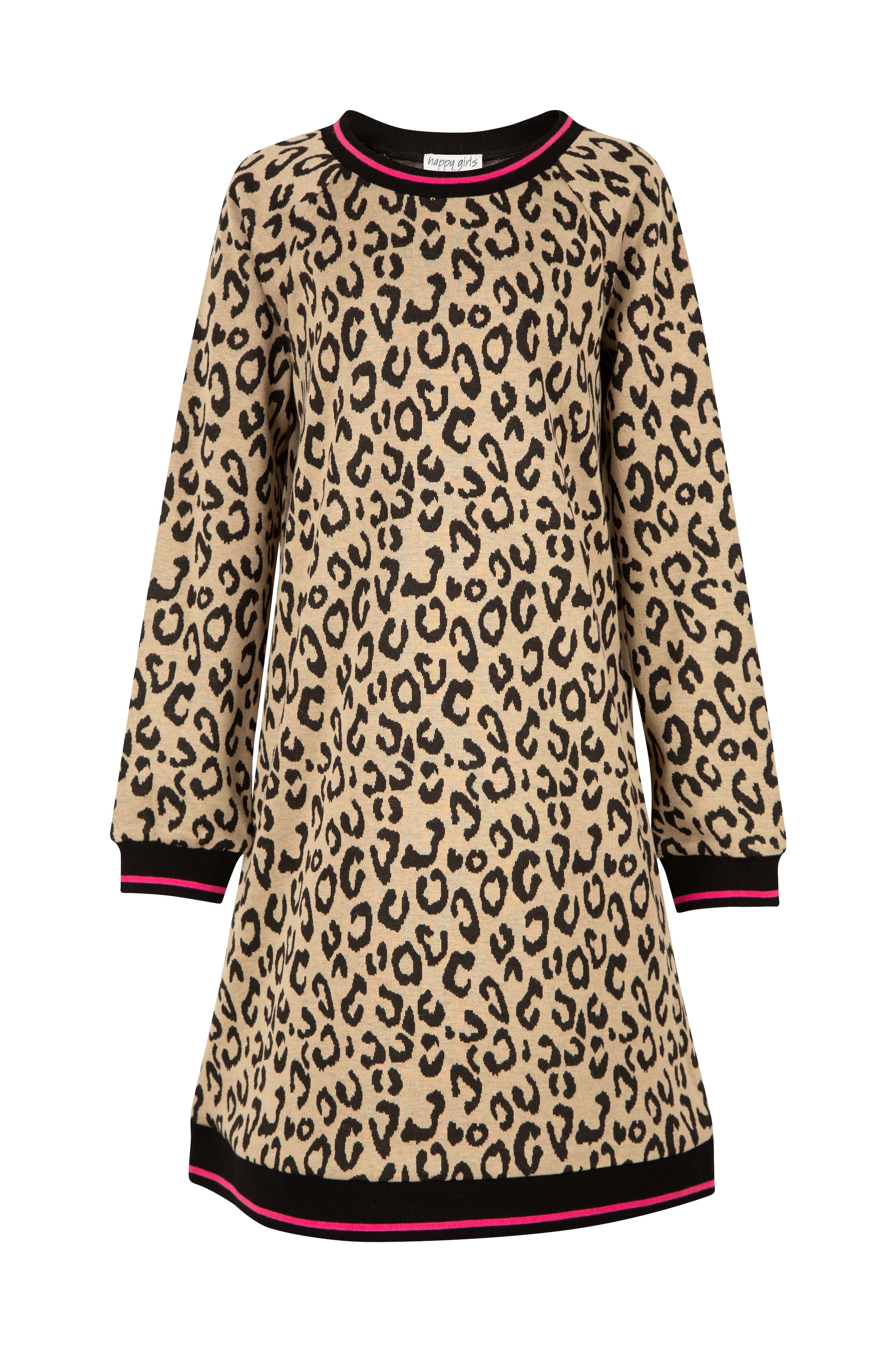 Image of happy girls Strickkleid im tollen Leo-Allovermotiv mit kontrastierten Strickbündchen