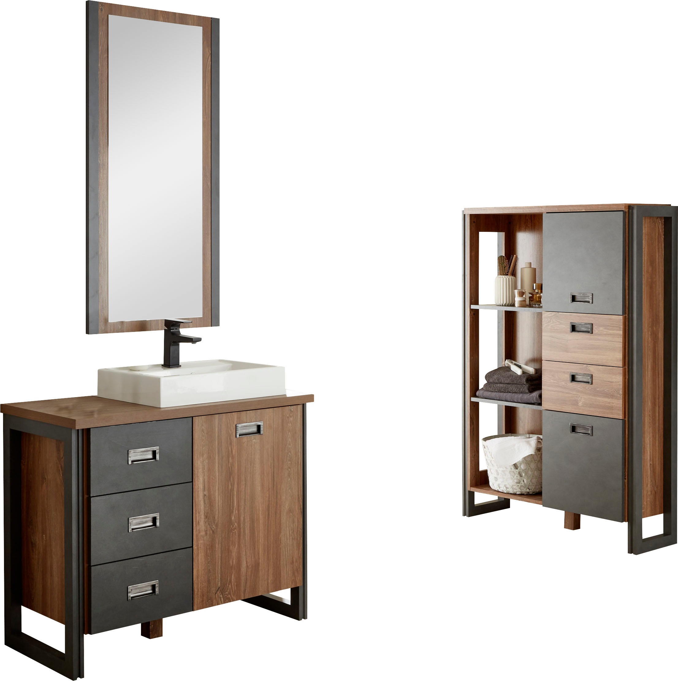 Home affaire Badmöbel-Set »Detroit, Bad im Industrialdesign, 3-teiliges Badezimmer«, (Set, 3 St.), Waschtisch, Highboard & Spiegel, inkl. Mineralguss-Aufsatzwaschbecken