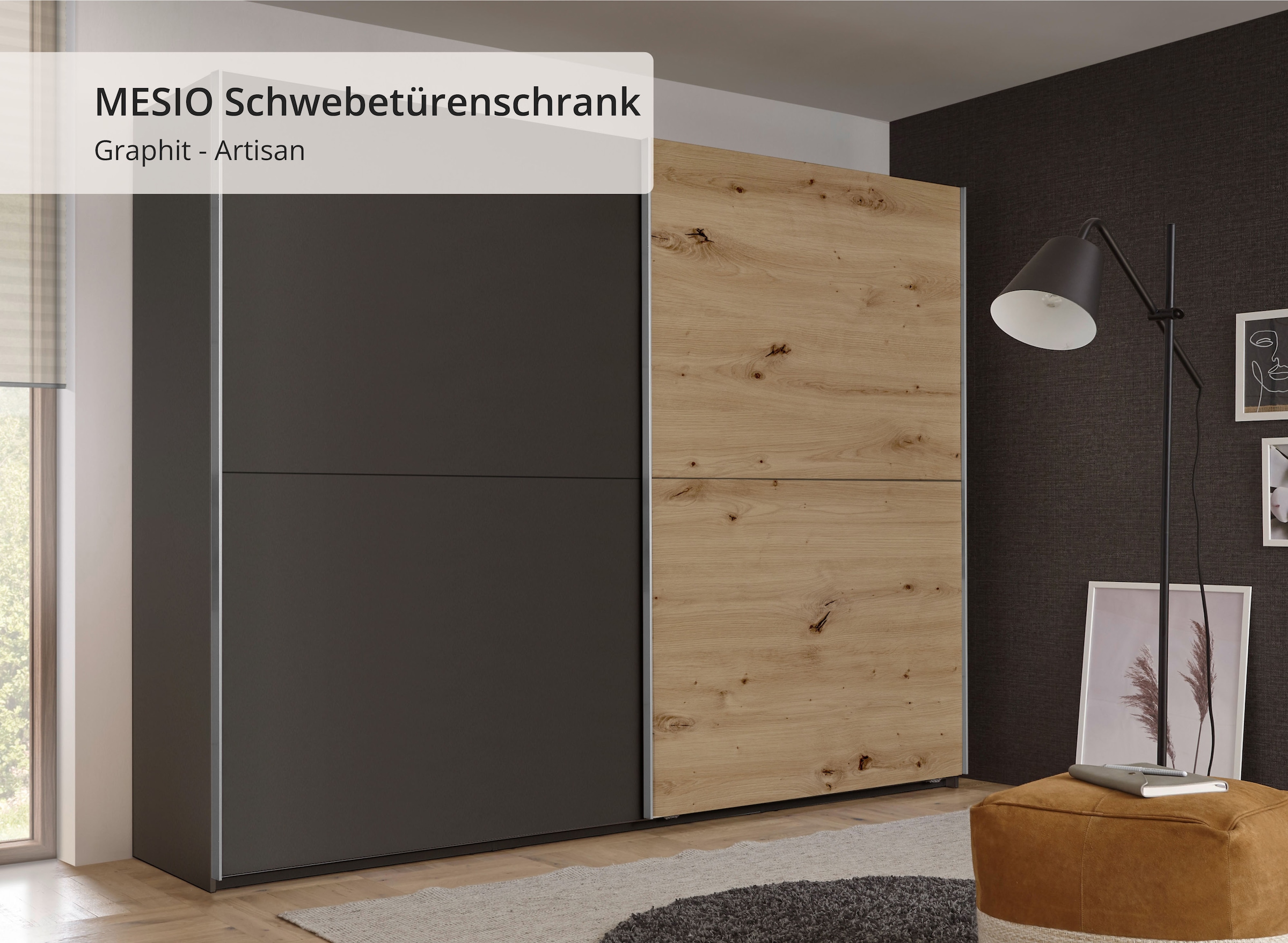 Schlafkontor Schwebetürenschrank »Mesio, 2-türiger Kleiderschrank, Schiebetürenschrank mit viel Stauraum«, inklusive Hoteleinteilungen aussen und Einlegeböden oben